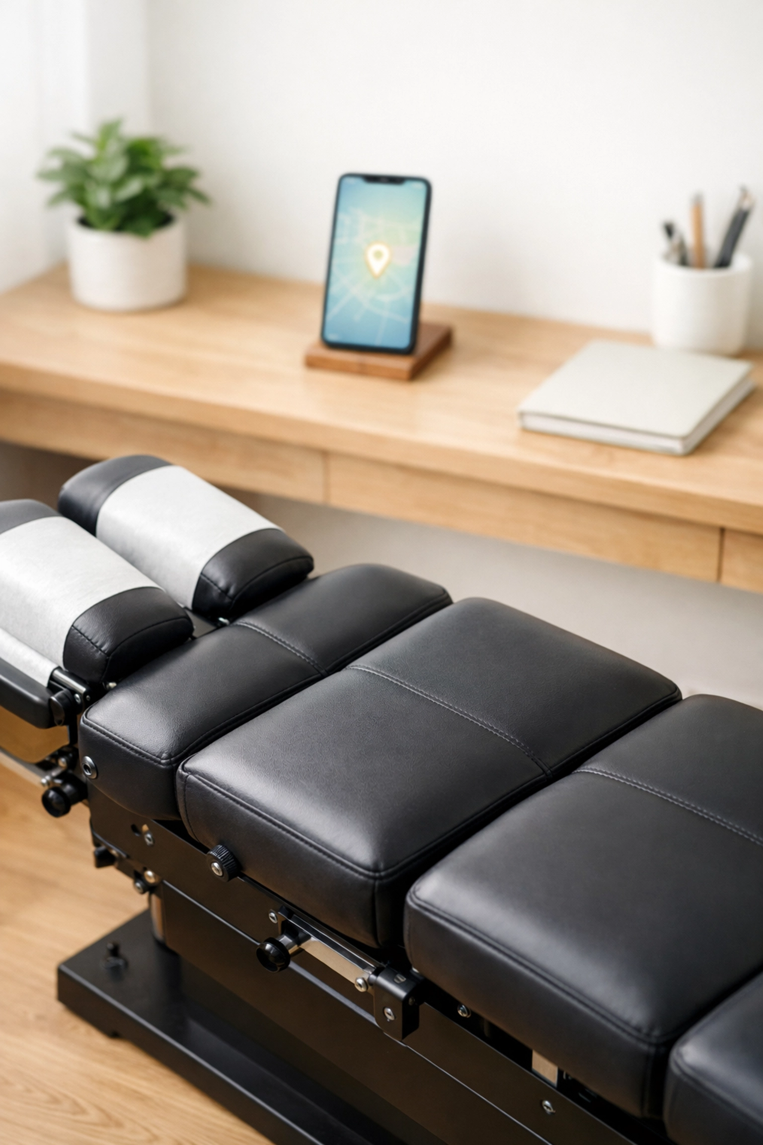 Modern chiropractic adjustment room with a smartphone showing local map search results for patients.
