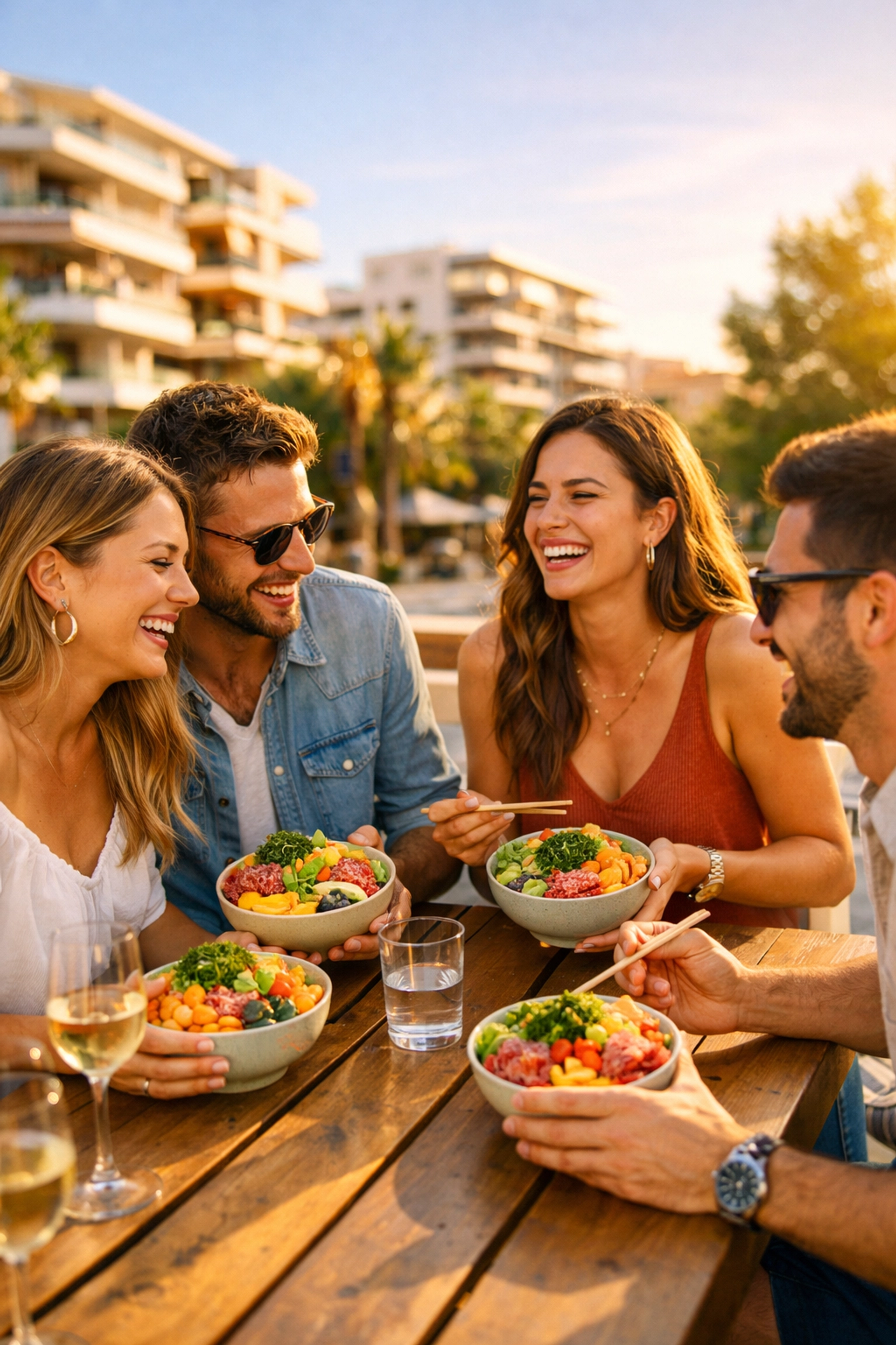 Amis partageant des poke bowls colorés sur une terrasse ensoleillée à Montpellier pour un déjeuner healthy.