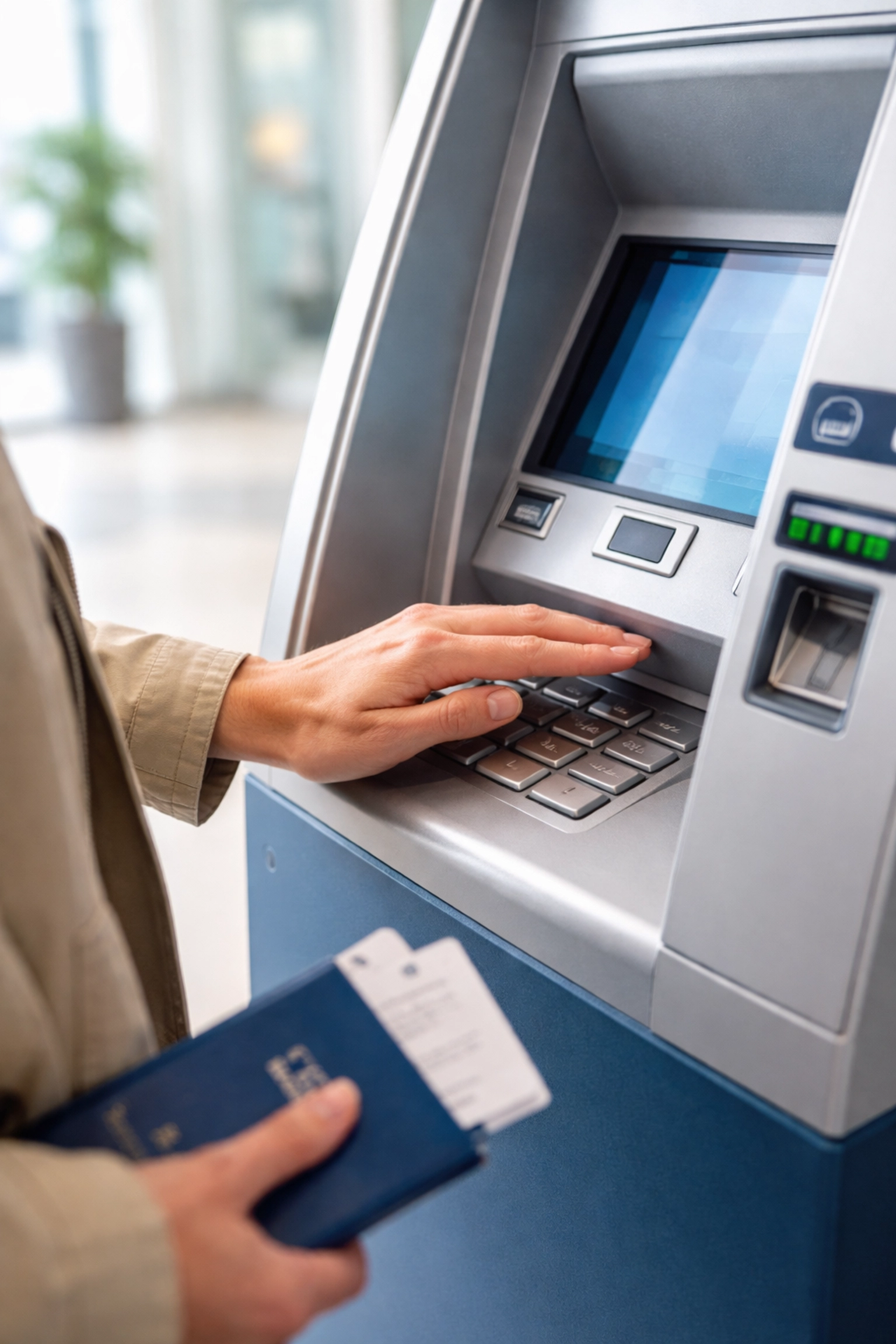 Traveler covers keypad at ATM in bright bank lobby, demonstrating safe PIN entry to prevent ATM skimming scams.
