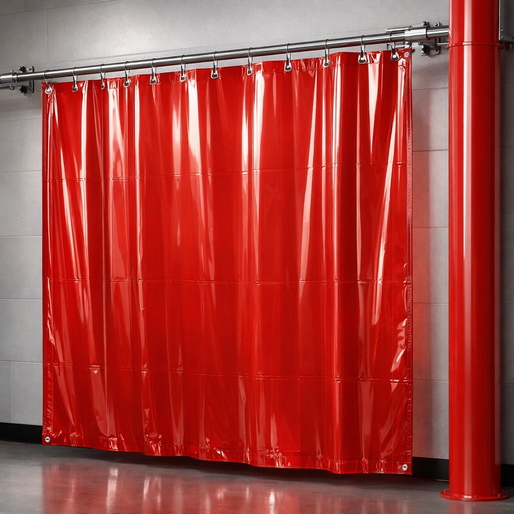 ISO EN 25980 certified red welding curtain mounted on a stainless-steel rail for workshop safety compliance.