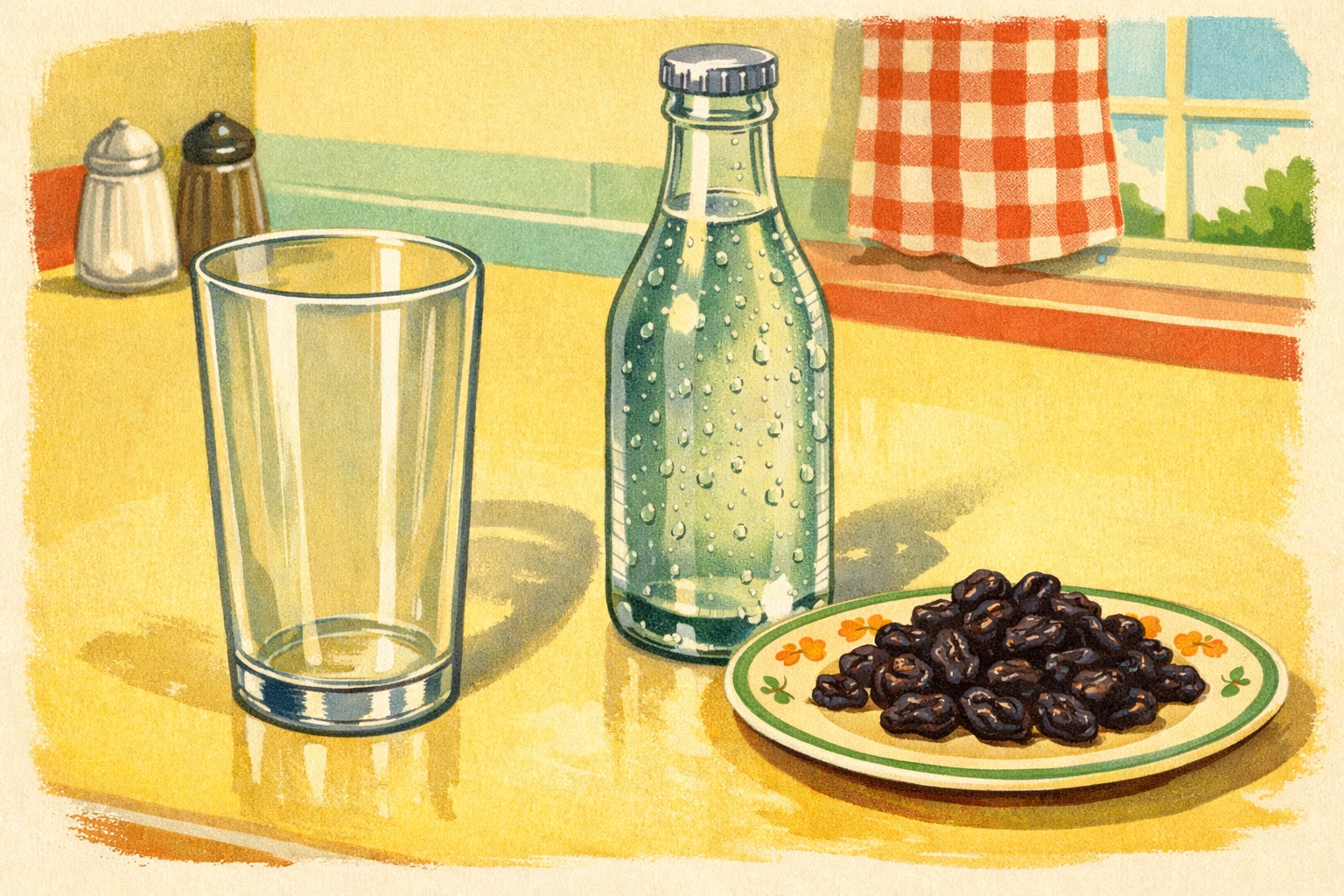 Dancing raisins experiment materials: clear glass, soda bottle, and raisins