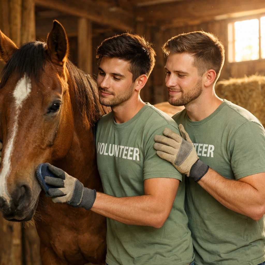 Gay men volunteering together caring for horse at animal sanctuary