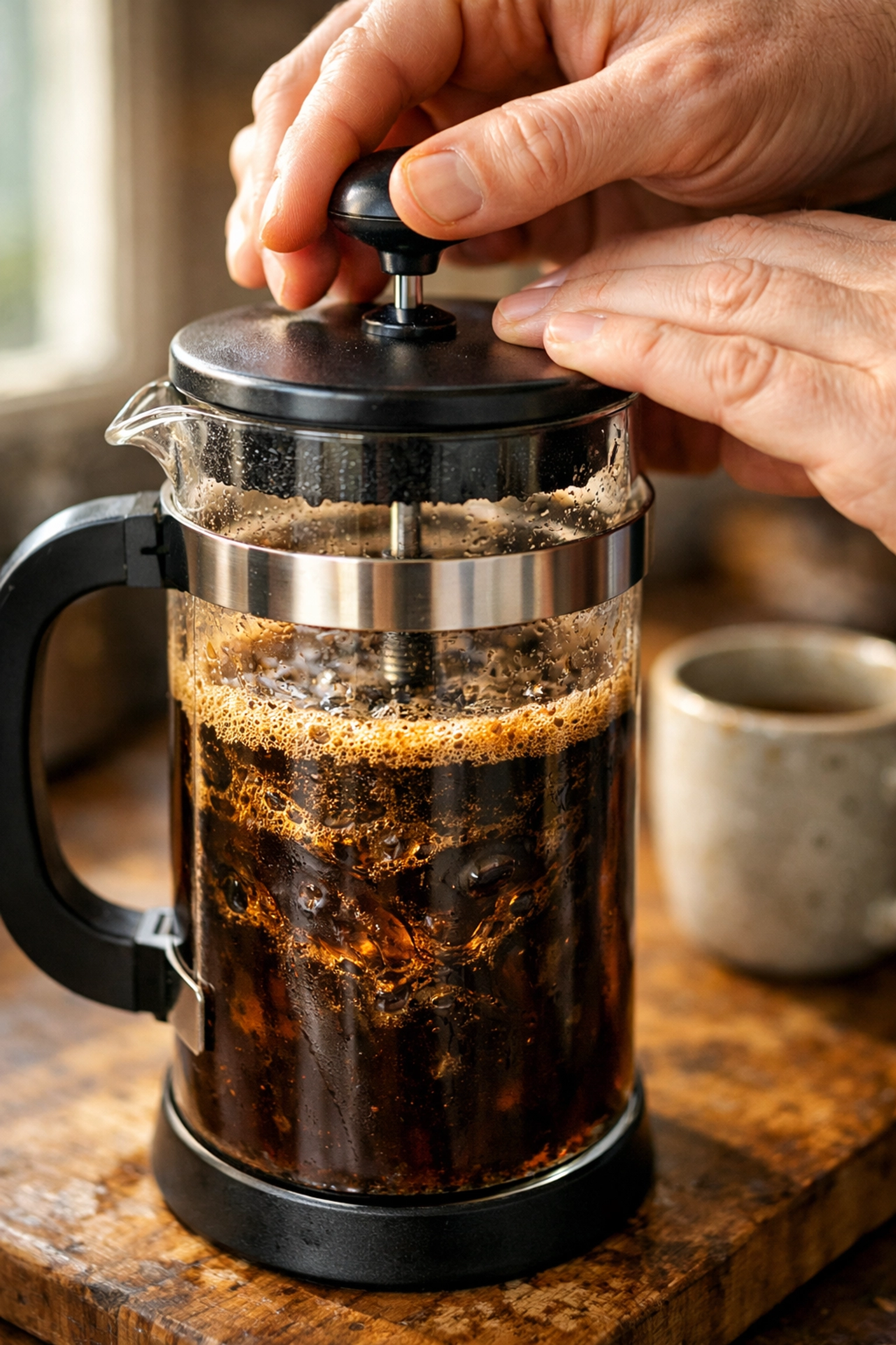 Pressing down French Press plunger to brew full-bodied coffee with visible oils and texture