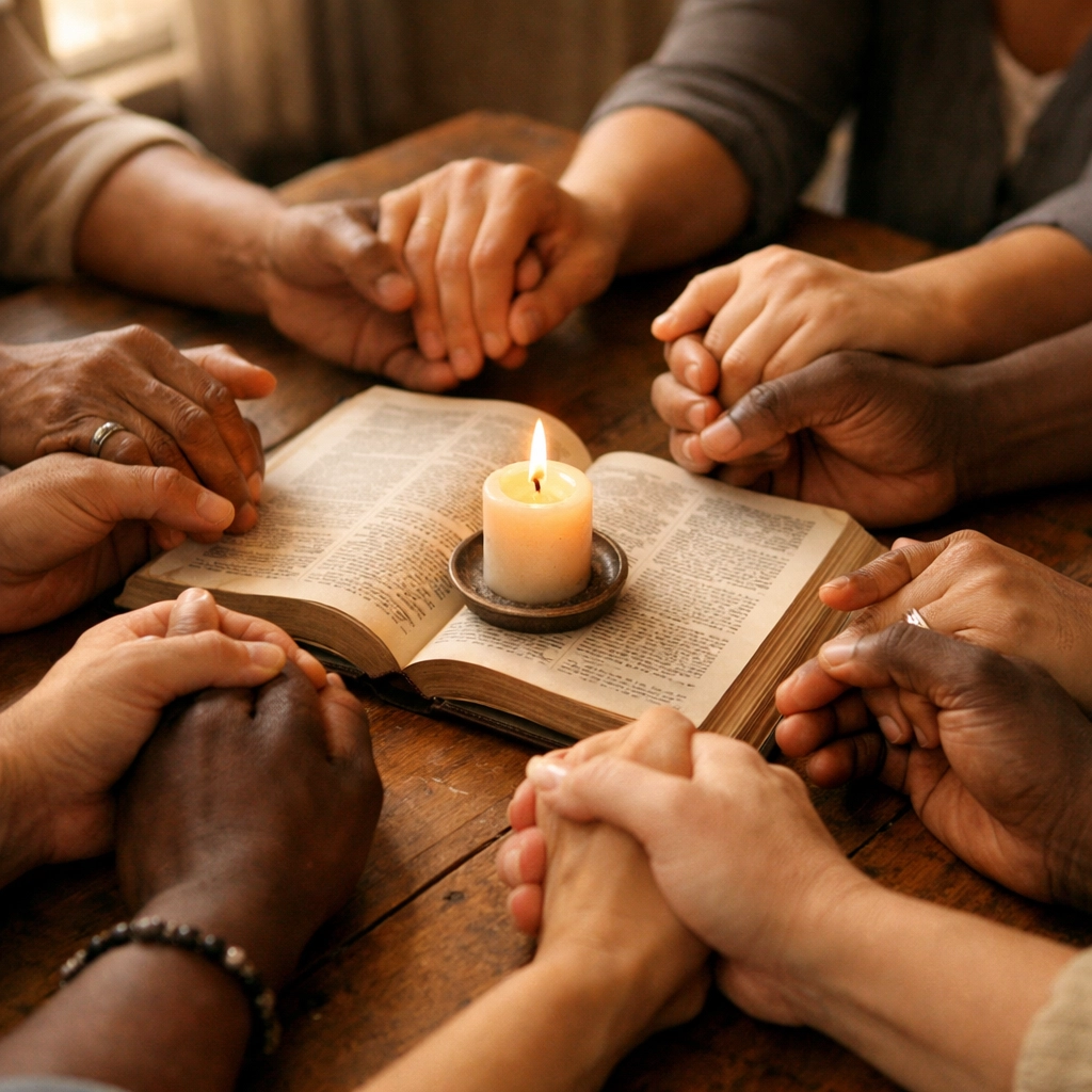 Hands joined in prayer circle around Bible and candle in community worship