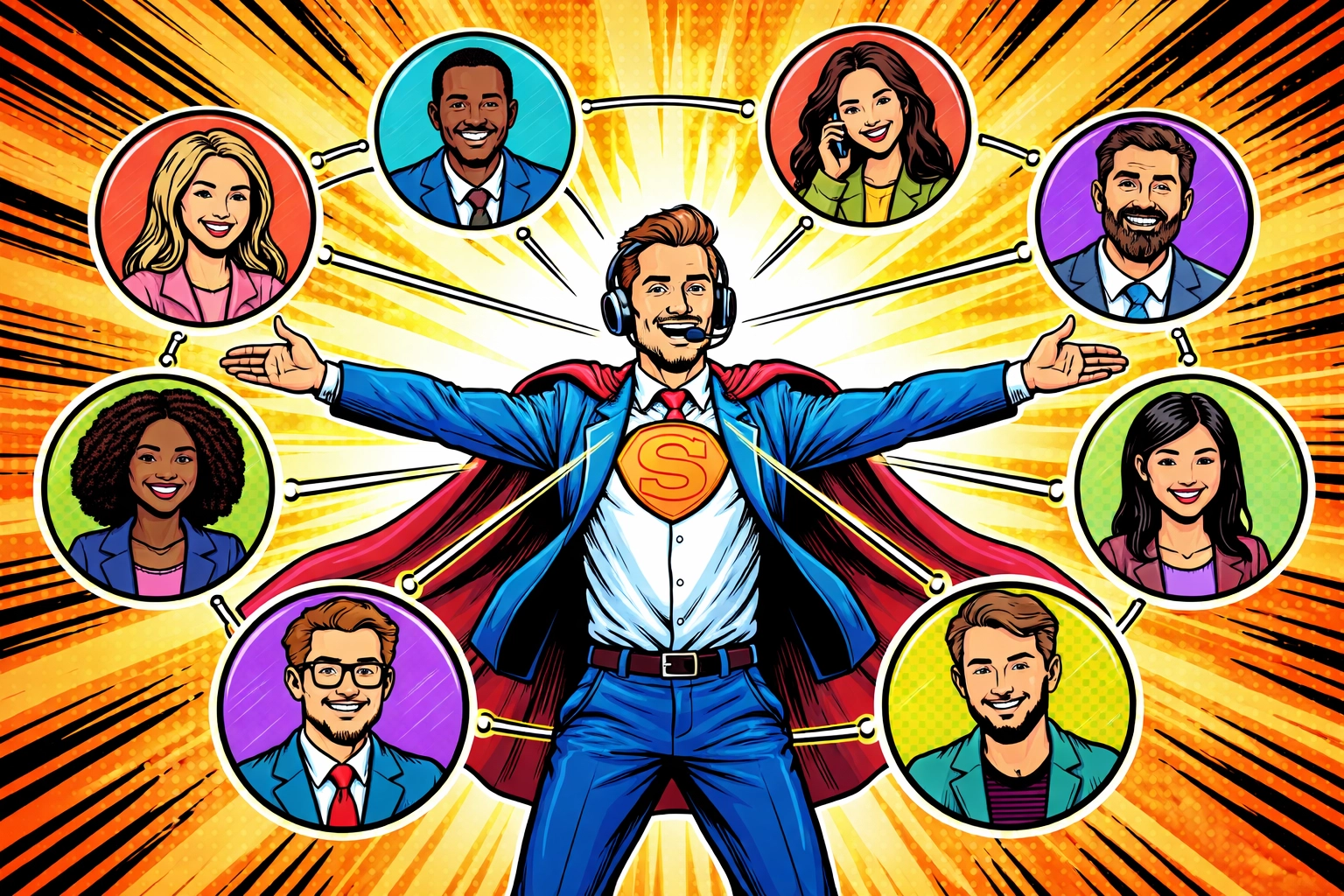Sales representative as a superhero connecting with multiple customers, showing scalable relationship-building through automation