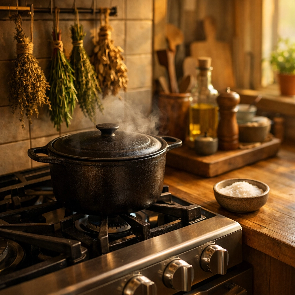 Modern kitchen stove with cast iron pot and dried herbs as contemporary hearth magic space