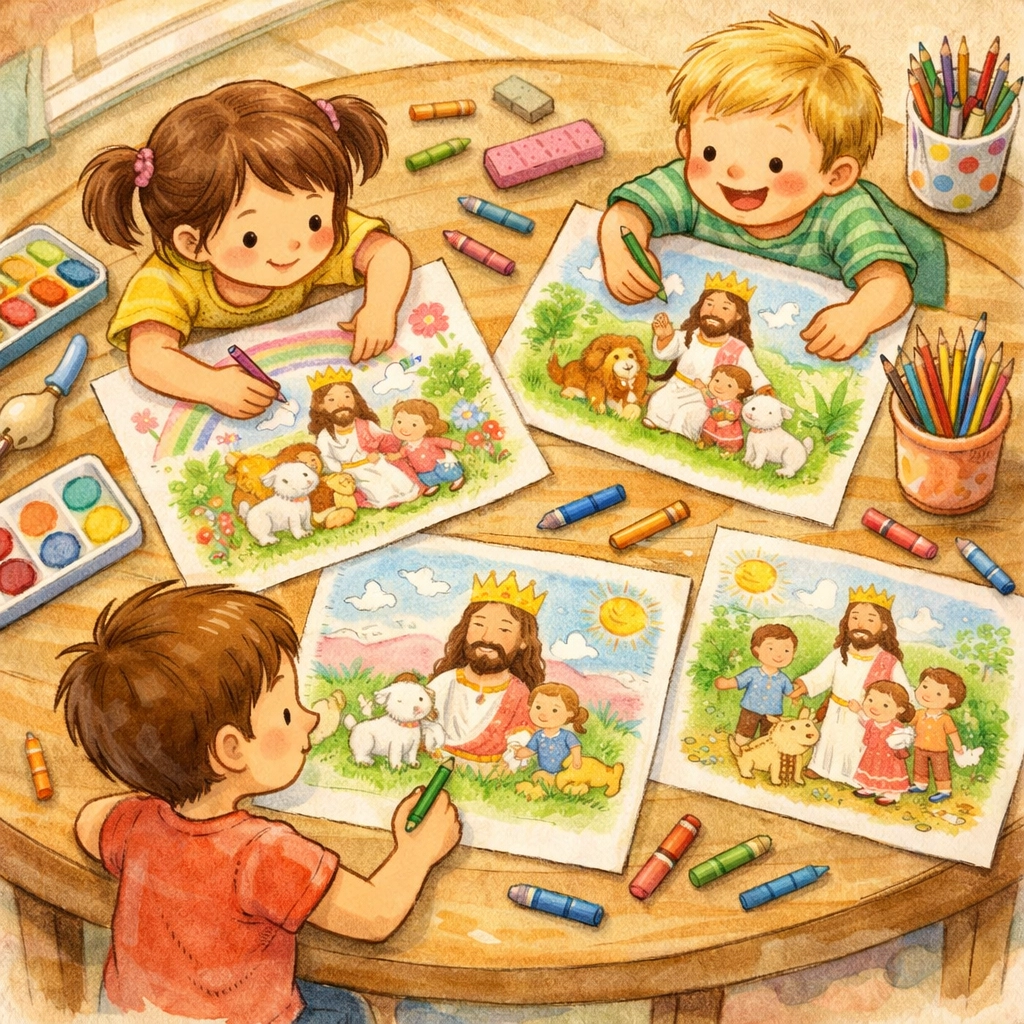 Children drawing pictures of Jesus as King during a family Bible study activity