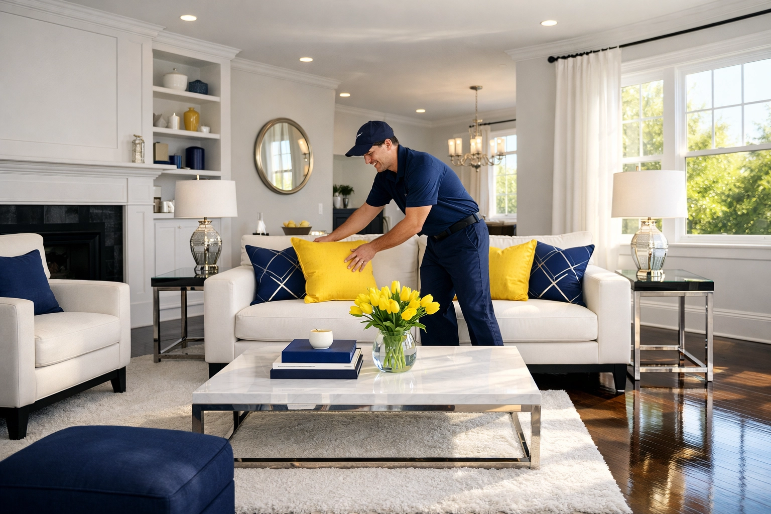 Pristine living room after a professional residential cleaning MA service in a Massachusetts home.