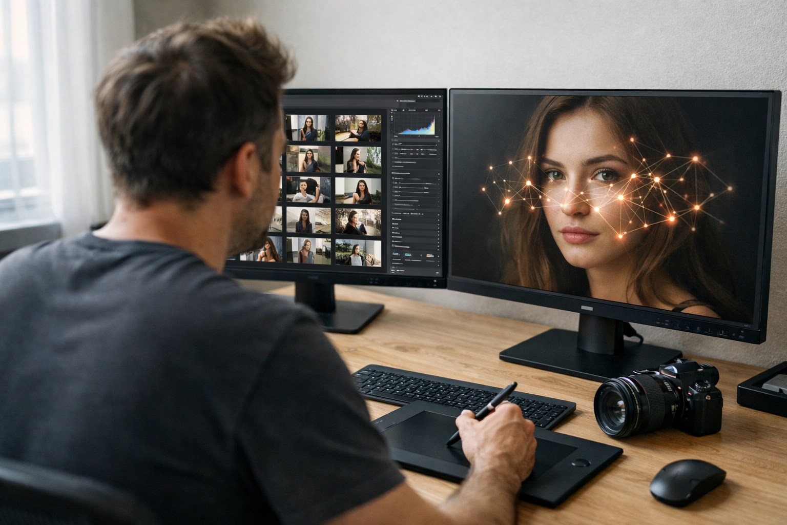 Photographer at a desk using software to integrate AI photo editing with your workflow without losing your style.