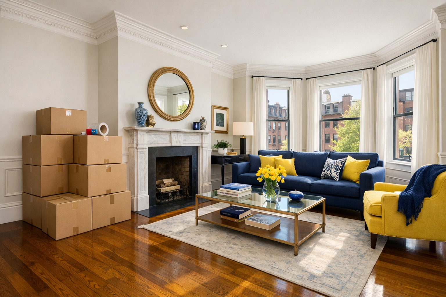 Organized Boston brownstone living room with moving boxes, prepped for a Boston apartment move-out cleaning.