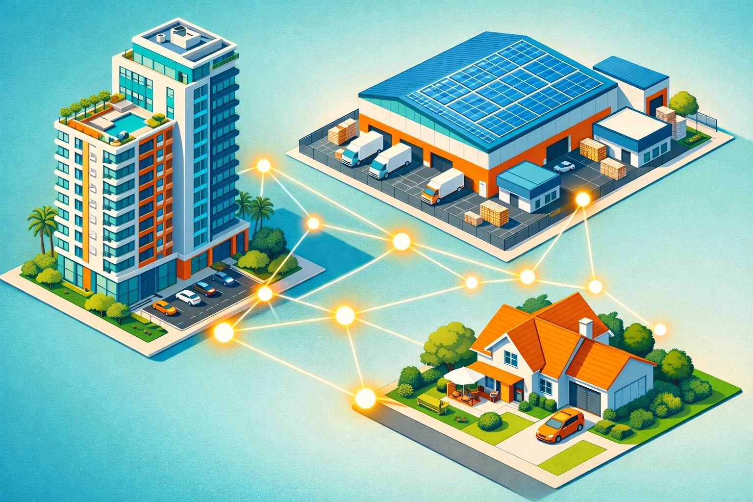 Illustration showing different real estate assets like apartments and warehouses for passive income diversification.