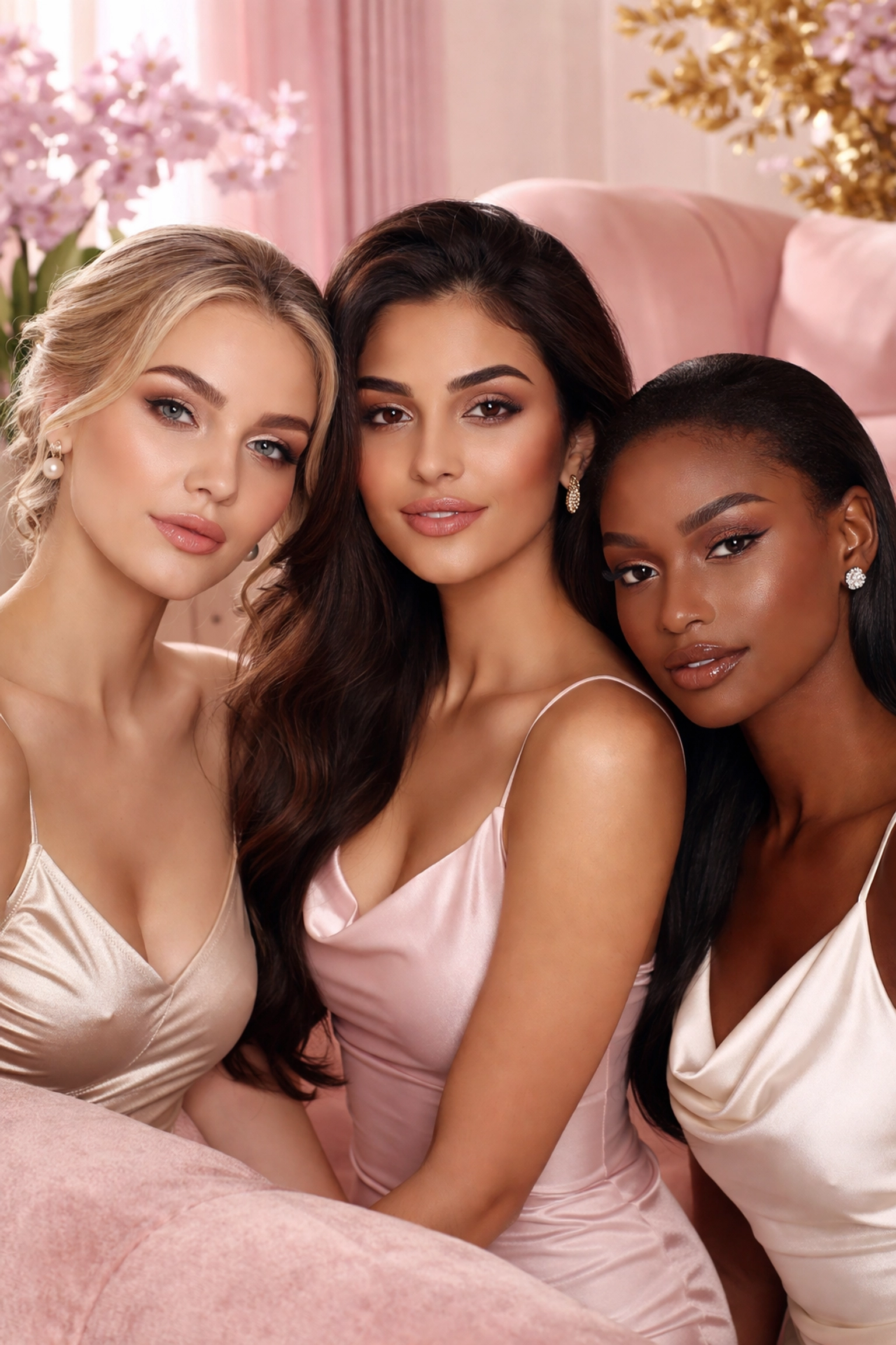 Three diverse women with flawless, natural-looking brows in a luxurious setting, showcasing the results of expert nurse-led microblading.