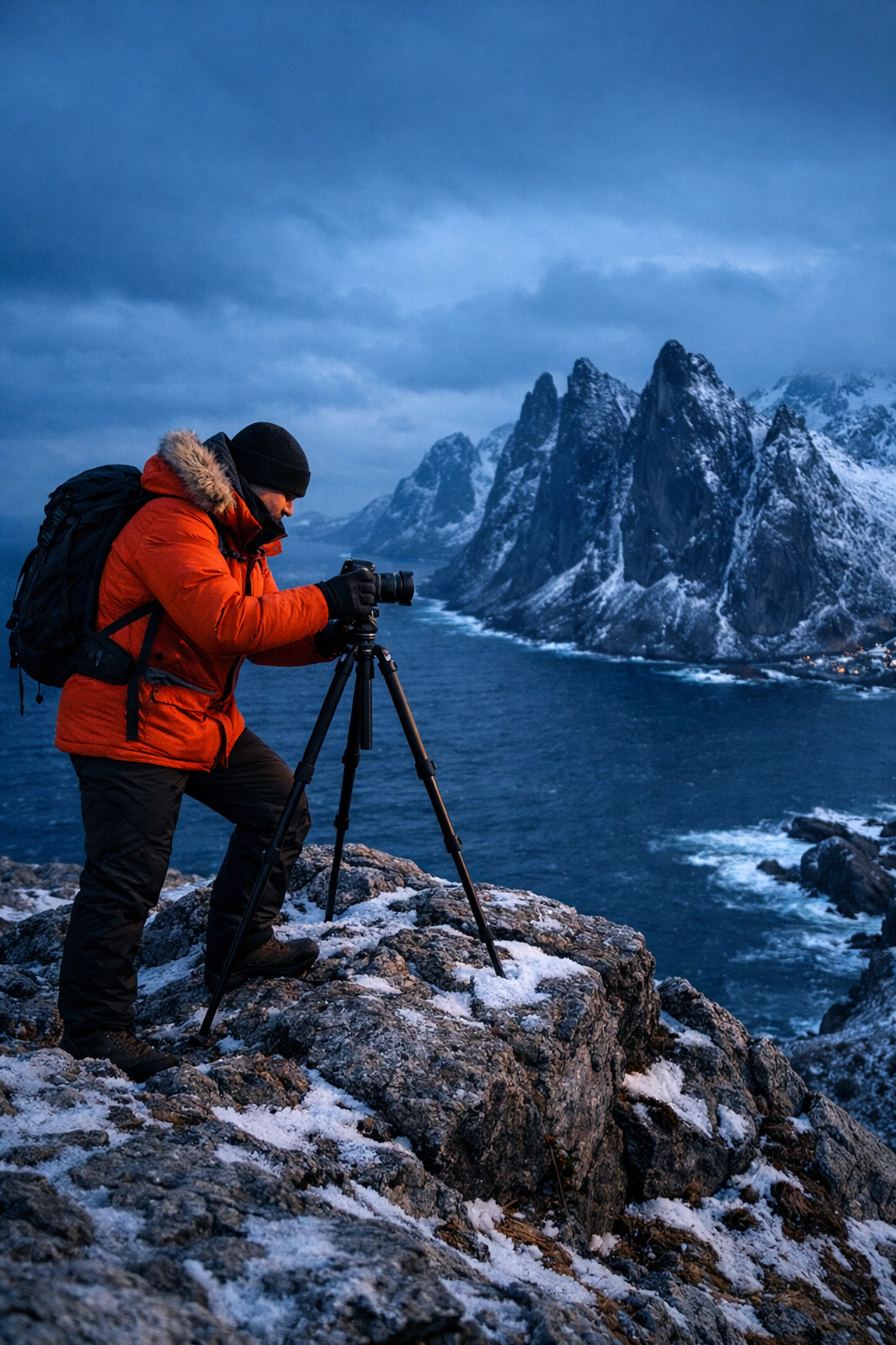 A travel photography professional capturing the Lofoten Islands' snowy peaks during the blue hour.