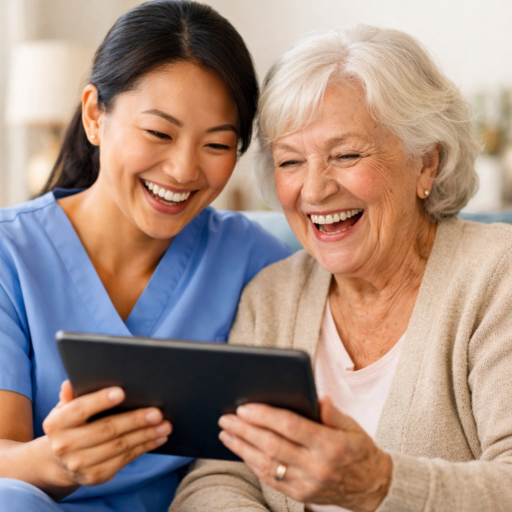 A friendly caregiver and senior looking at a tablet together to plan for future home healthcare services.