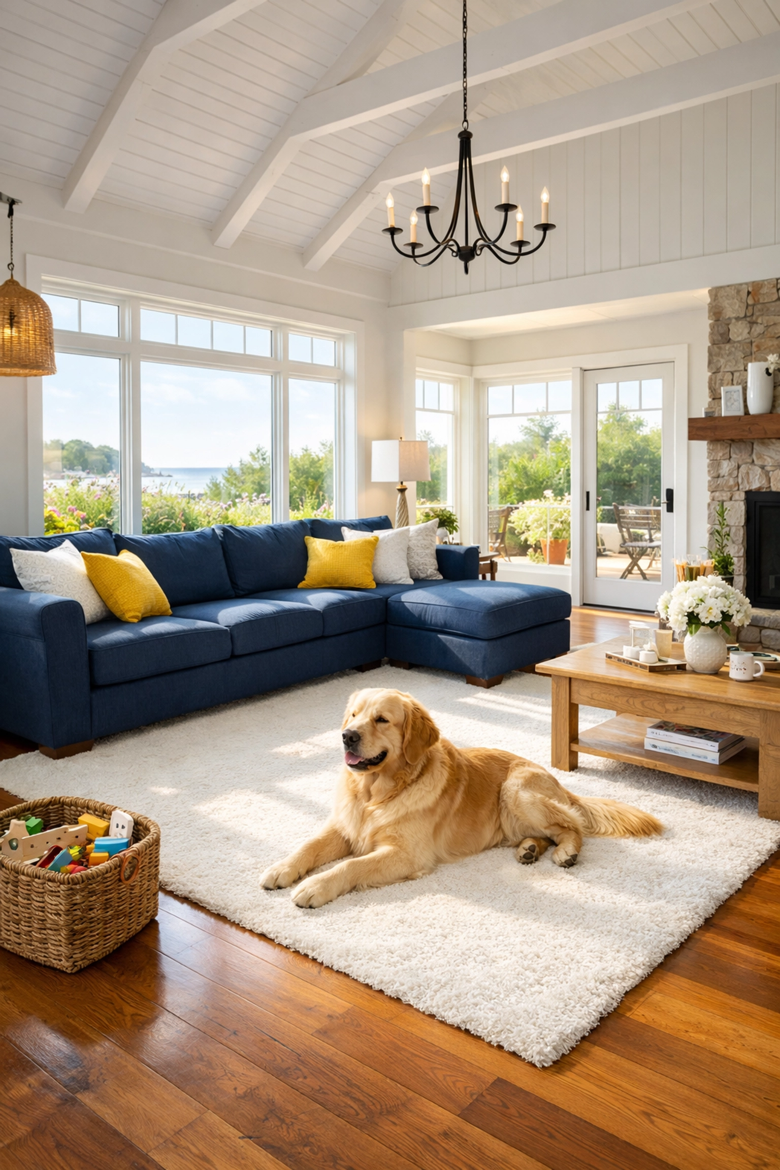 Clean North Falmouth living room with a dog on a spotless rug after a weekly house cleaning service.