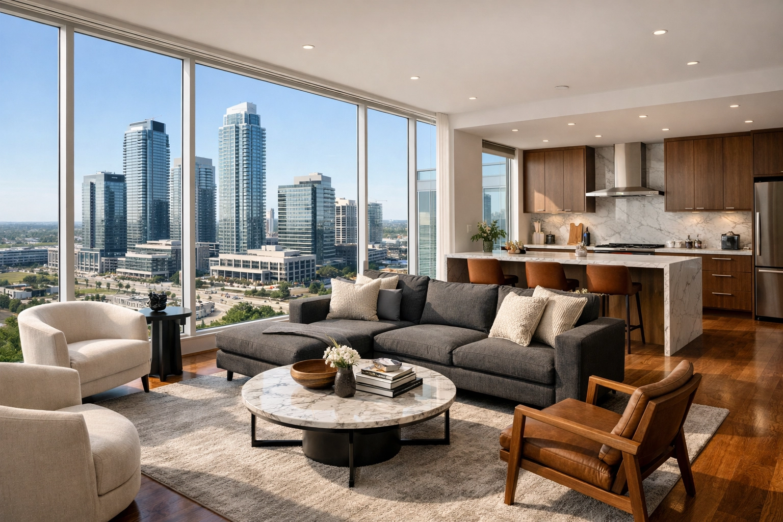 Modern condo interior with a view of the Vaughan Metropolitan Centre skyline, representing the Vaughan real estate market.