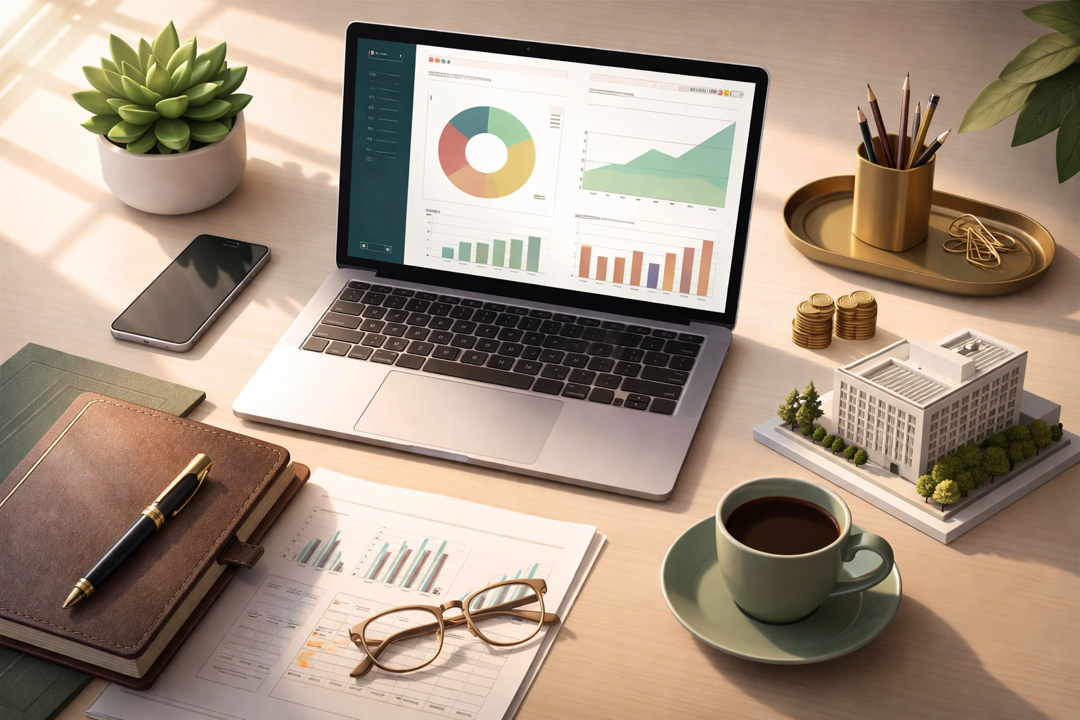 Investor's desk with financial charts and gold coins representing active management and dynamic portfolio rebalancing.