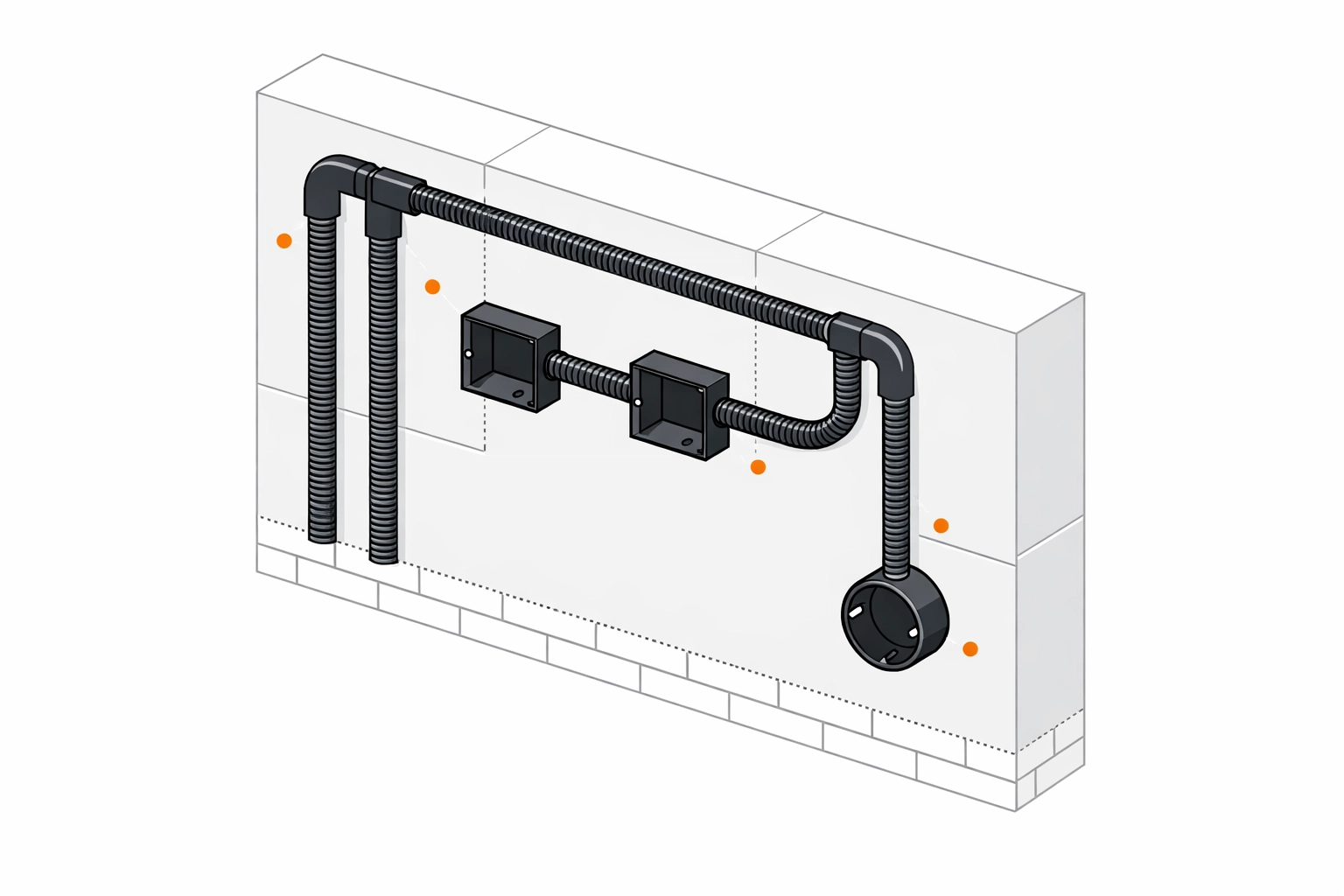 Isometrische Darstellung von Leerverrohrung und Unterputzdosen für Elektroarbeiten in Niederösterreich.