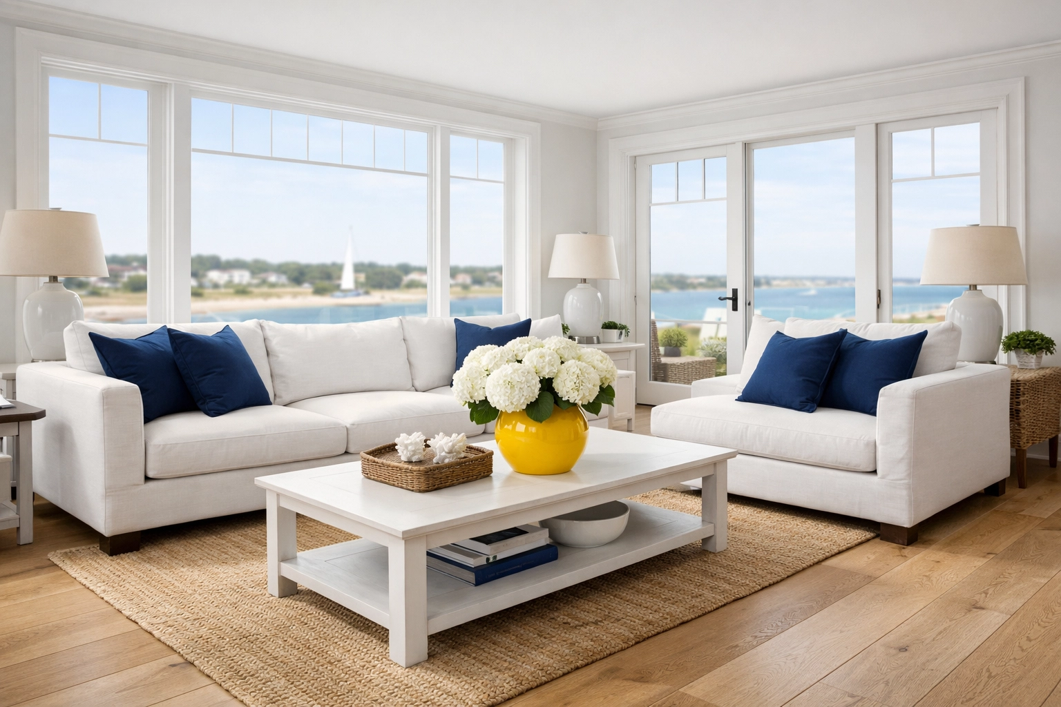 Weekly house cleaning in Edgartown, MA: pristine living room with clean hardwood floors and coastal decor after a professional house cleaning.