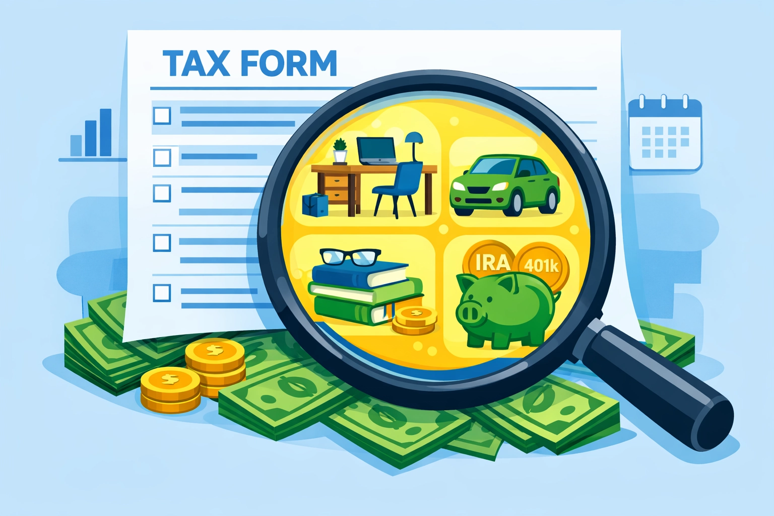 Magnifying glass revealing hidden tax deductions that maximize your refund