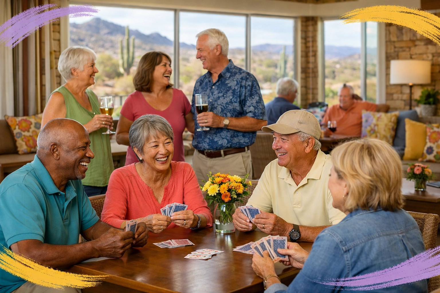 Active adults enjoying social activities at Arizona retirement community clubhouse