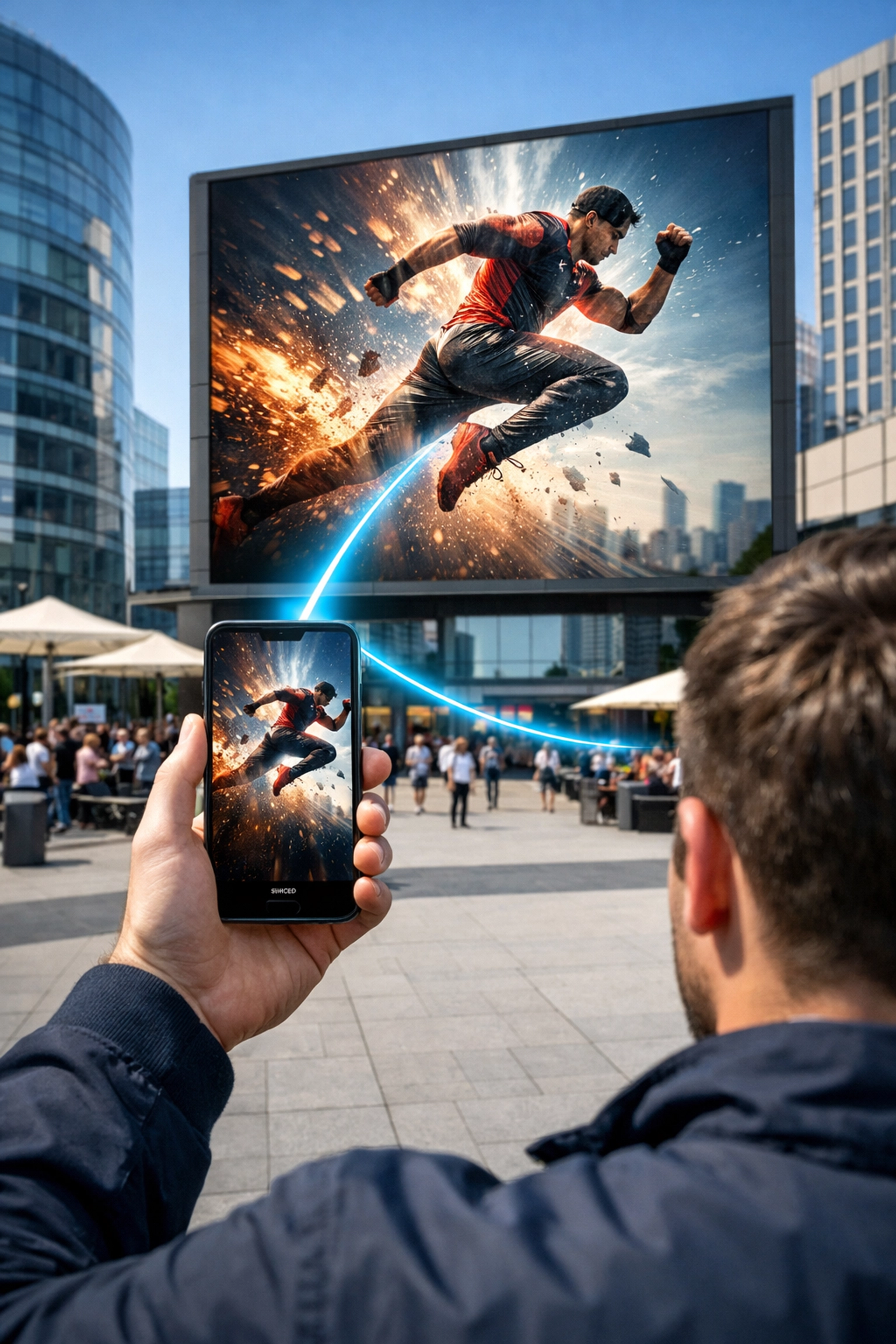 Person using a smartphone to interact with a massive digital sports screen in a sunlit public plaza.