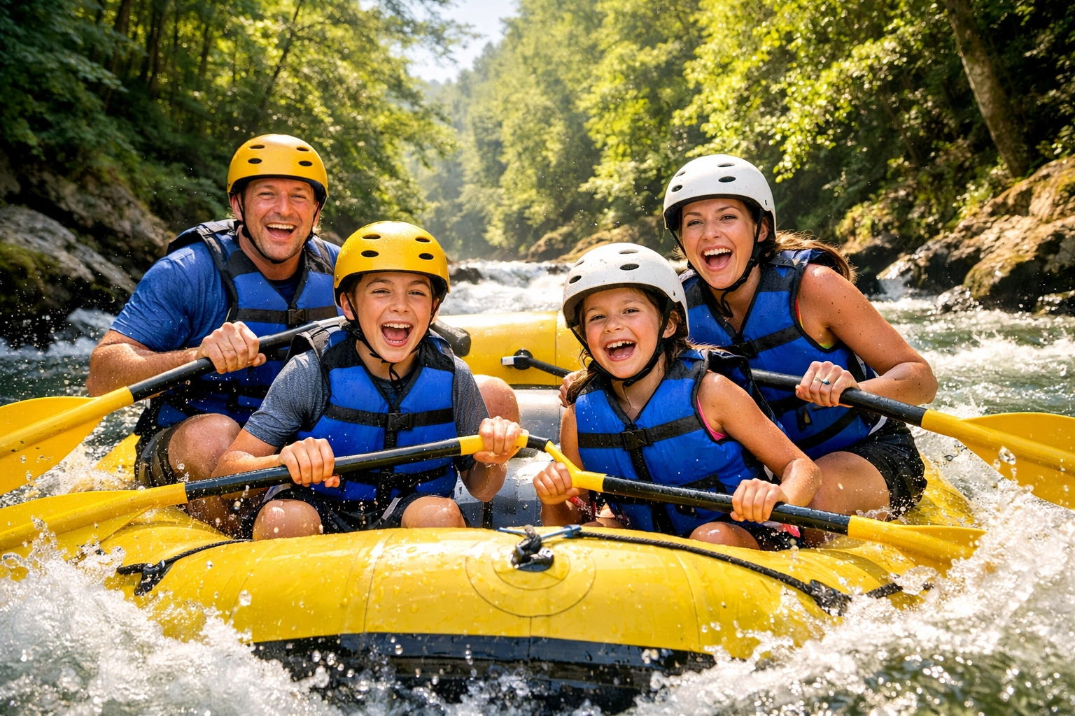 A happy family white-water rafting together, a fun high-energy activity for adventurous family travel.
