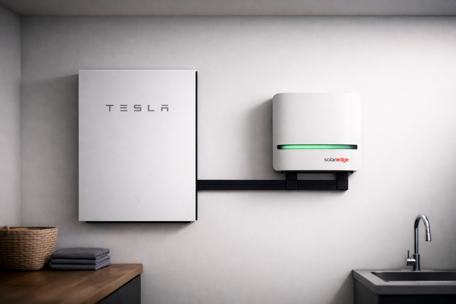 Premium Tesla Powerwall 3 and SolarEdge inverter installation in a modern UK utility room.