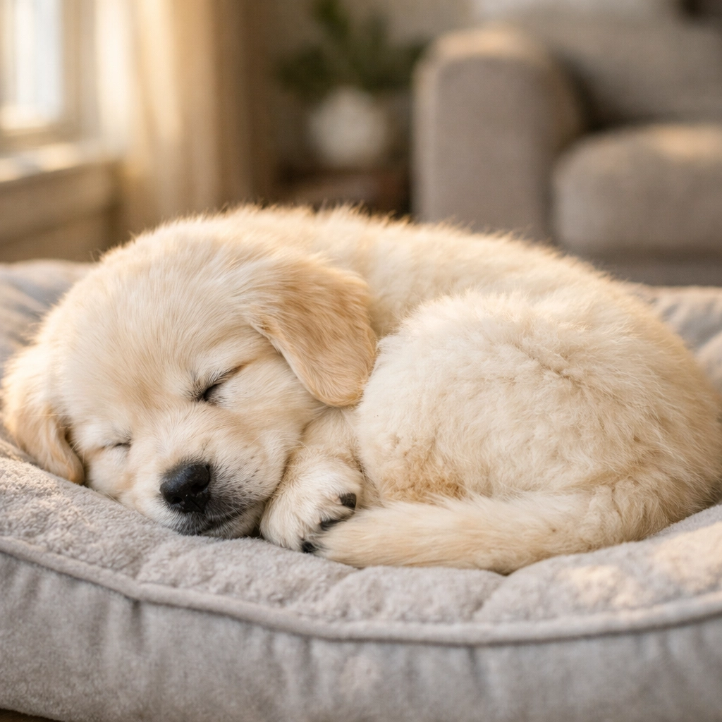 Peaceful English Cream Golden Retriever puppy resting on a comfortable dog bed for healthy development.