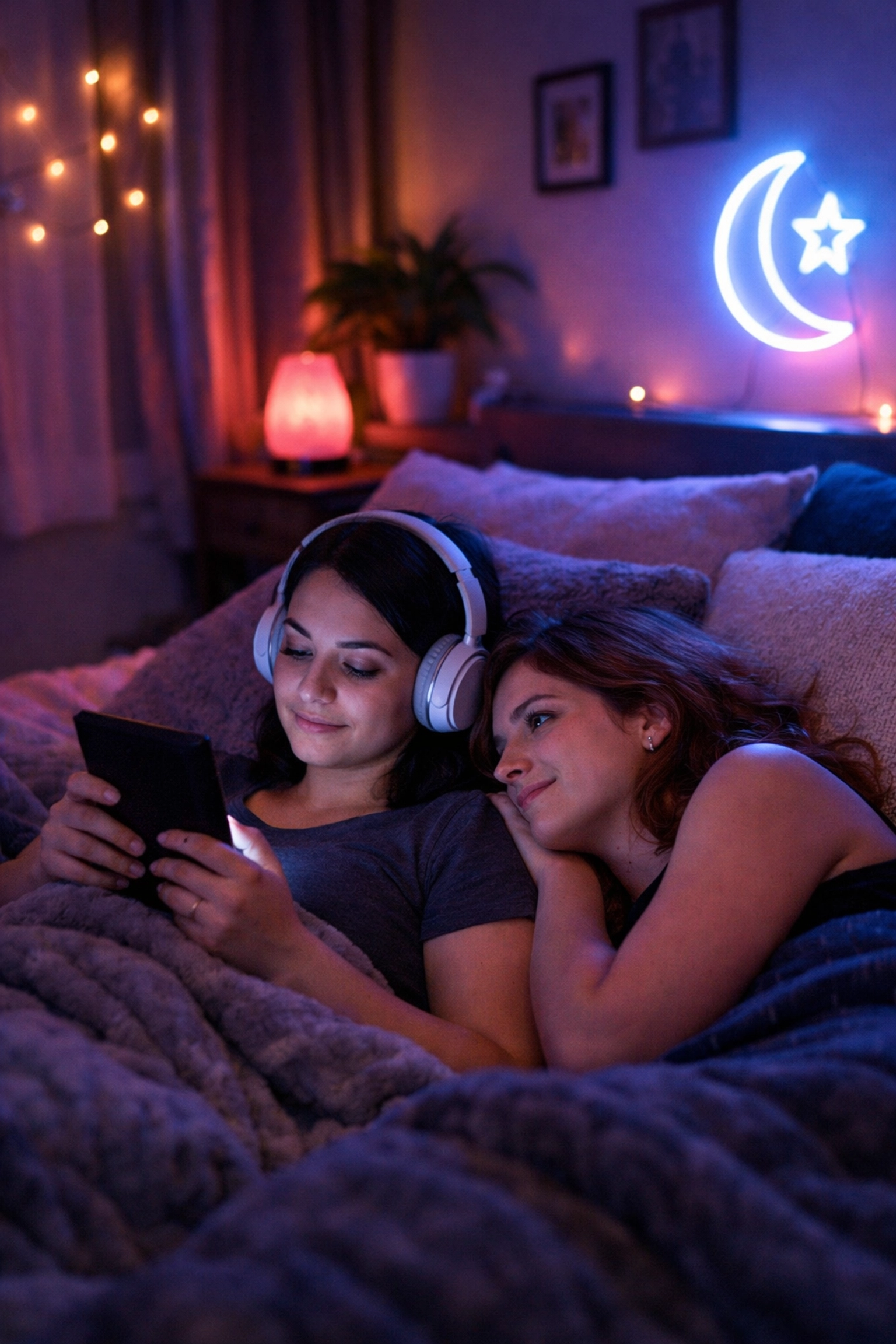 Two women in a sensory-friendly bedroom, demonstrating neurodivergent intimacy and comfort in queer relationships.