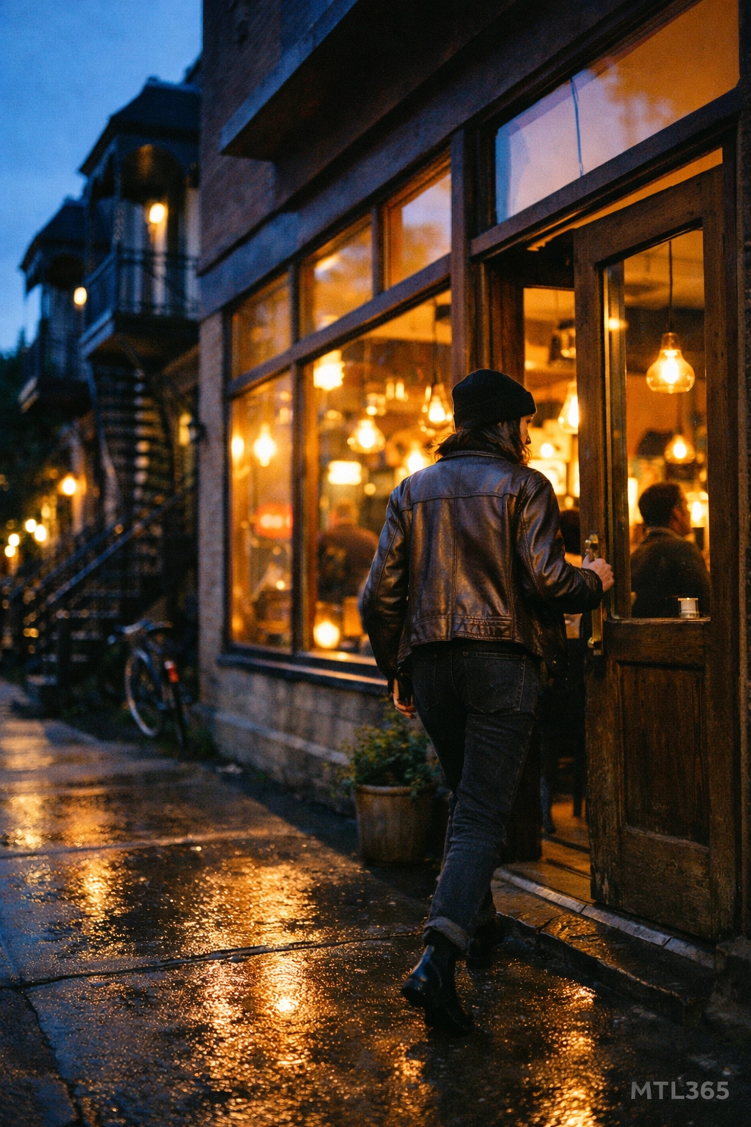 Evening view of the Gueuleton restaurant storefront in Montreal's trendy Mile End neighborhood.