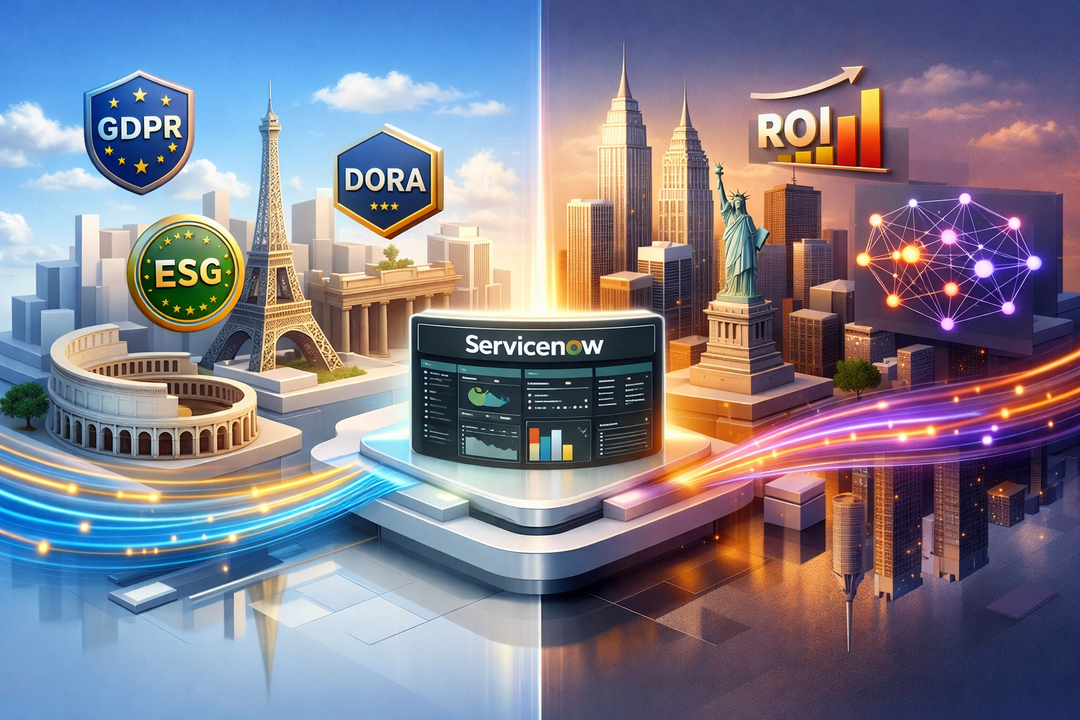 ServiceNow compliance requirements for EU GDPR and DORA versus US ROI and AI implementation