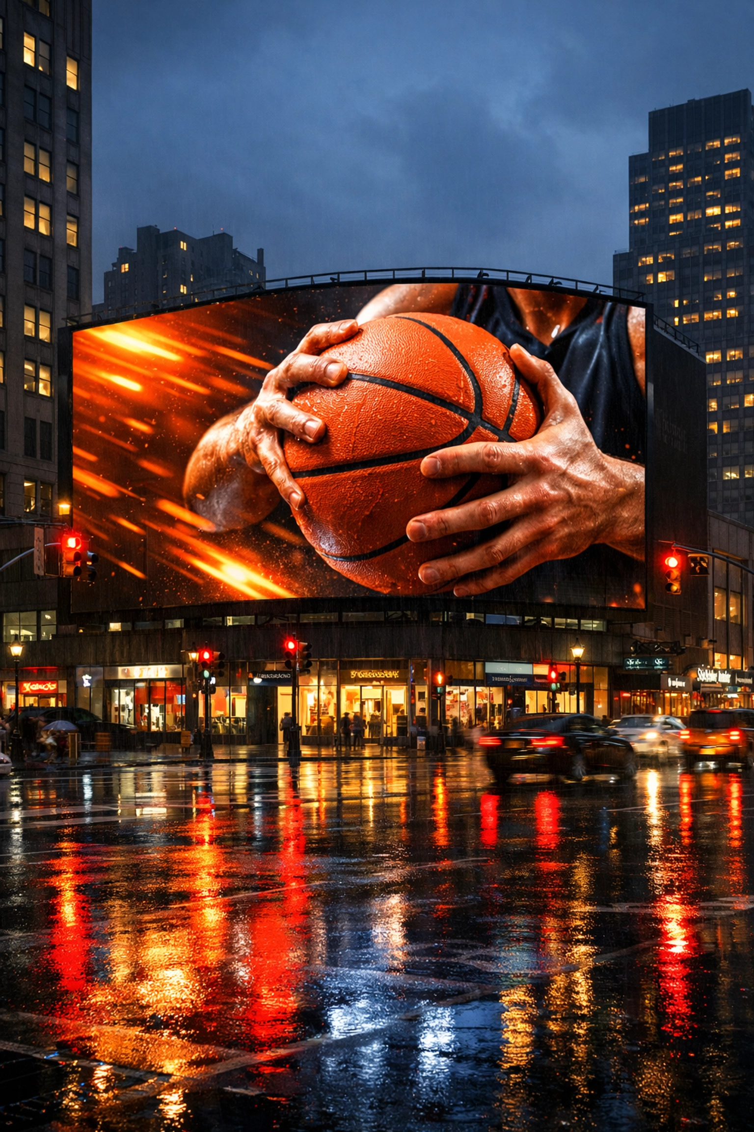 Large digital billboard in an urban intersection displaying sports content to fans traveling to the game.