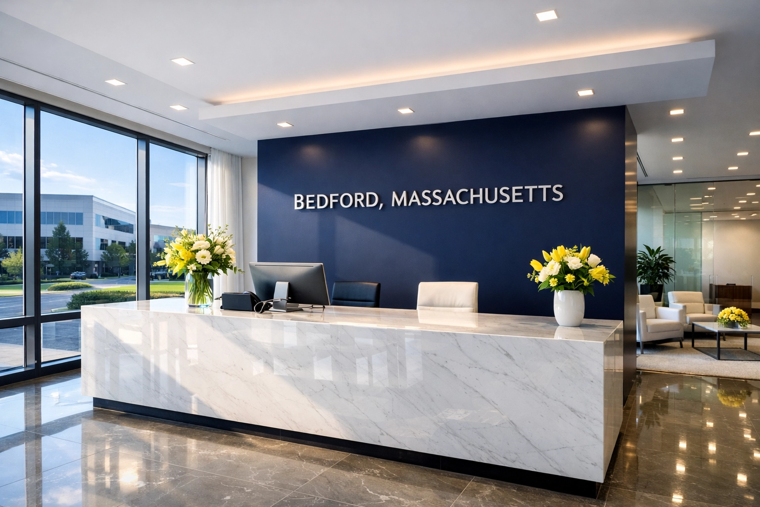 Professional office cleaning in Bedford at a modern reception desk with a spotless marble surface.