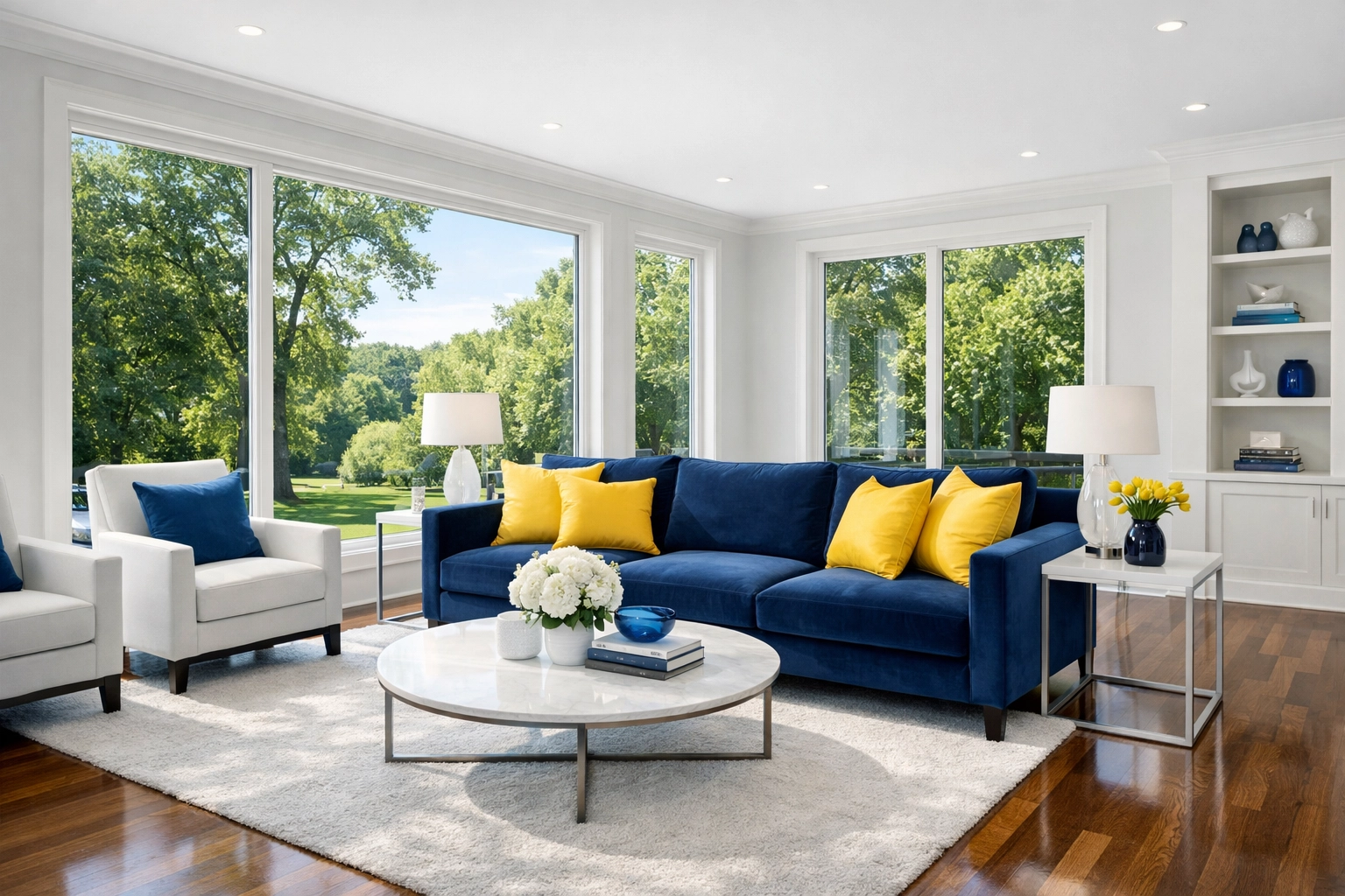 Clean modern living room with polished floors from weekly house cleaning Northbridge MA services.