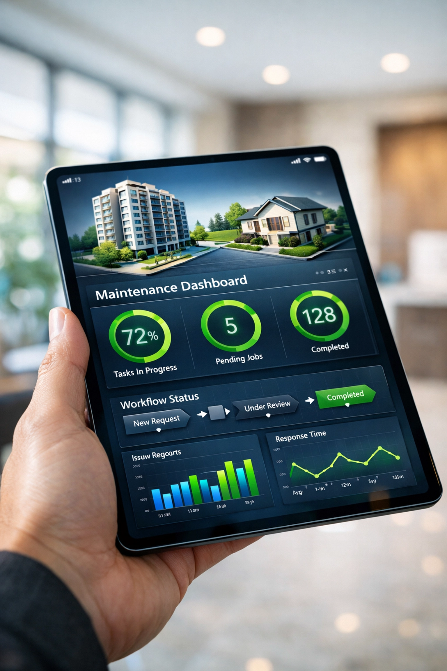 Digital tablet displaying maintenance workflows and automated property management systems.