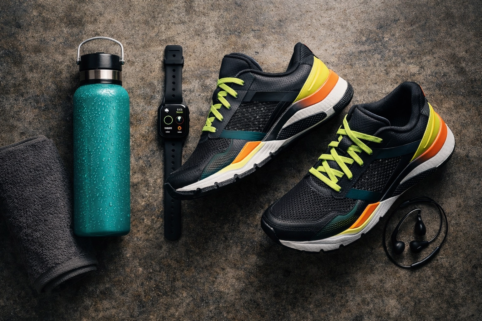 Essential workout gear including cross-training sneakers and a water bottle for a Houston Zumba class.