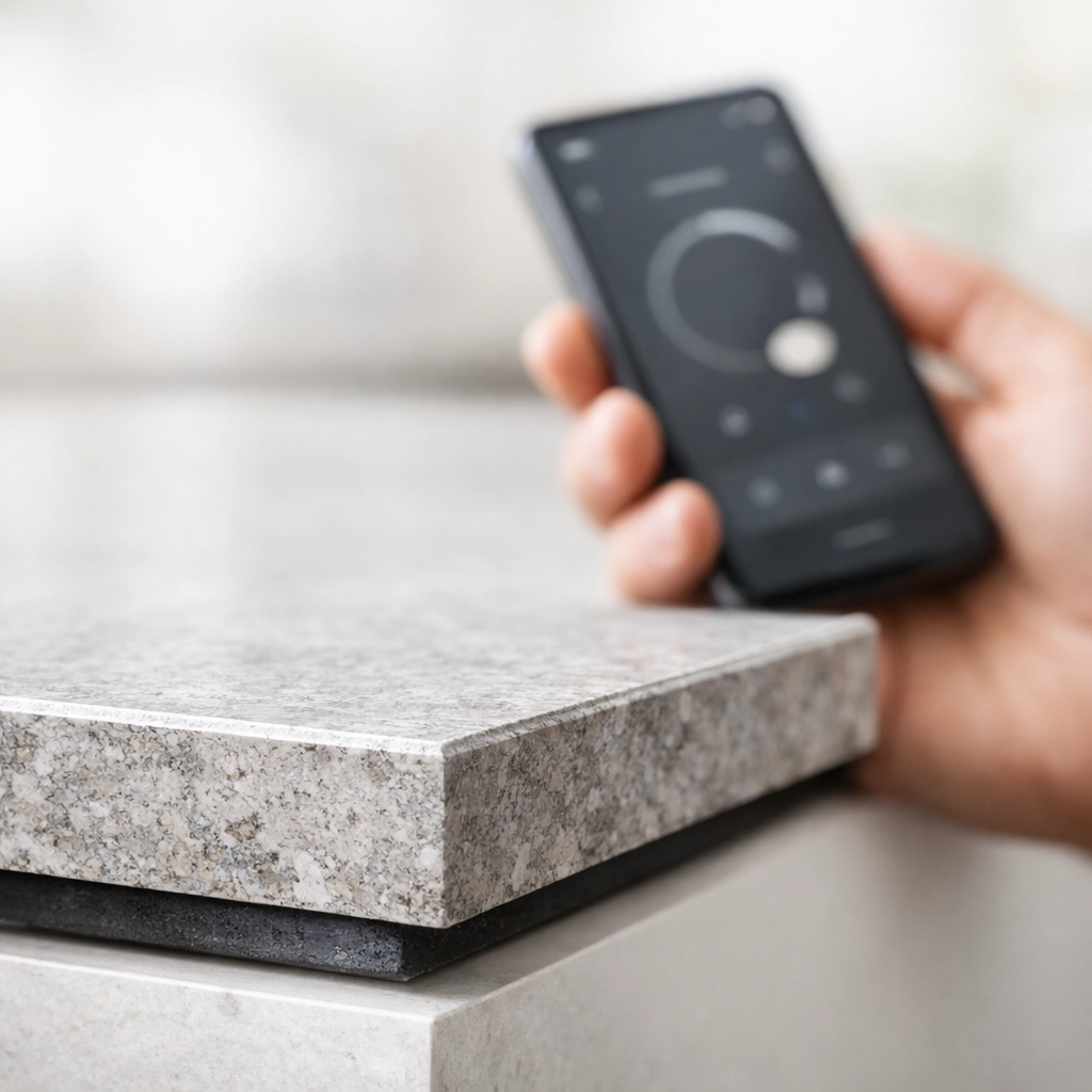 Smartphone app controlling high-end kitchen tech next to a premium sintered stone countertop edge.