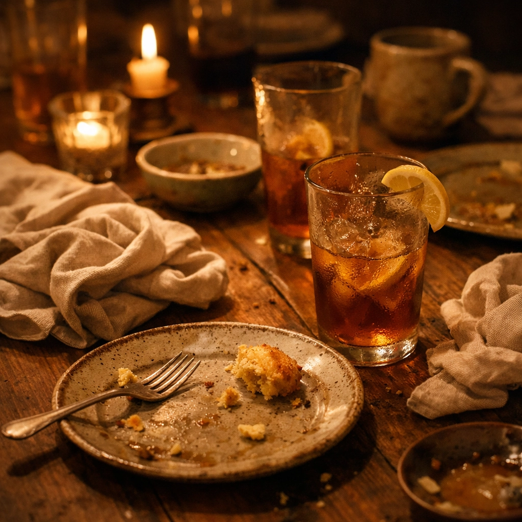 A cozy dinner table with iced tea and cornbread, capturing a warm Southern catering experience.