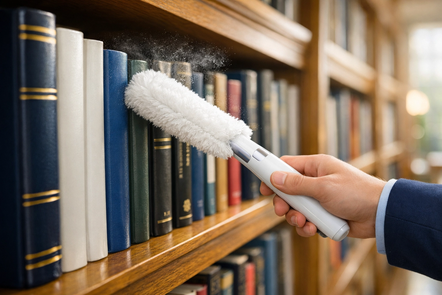 Professional cleaner removing dust from library book spines using a microfiber tool.