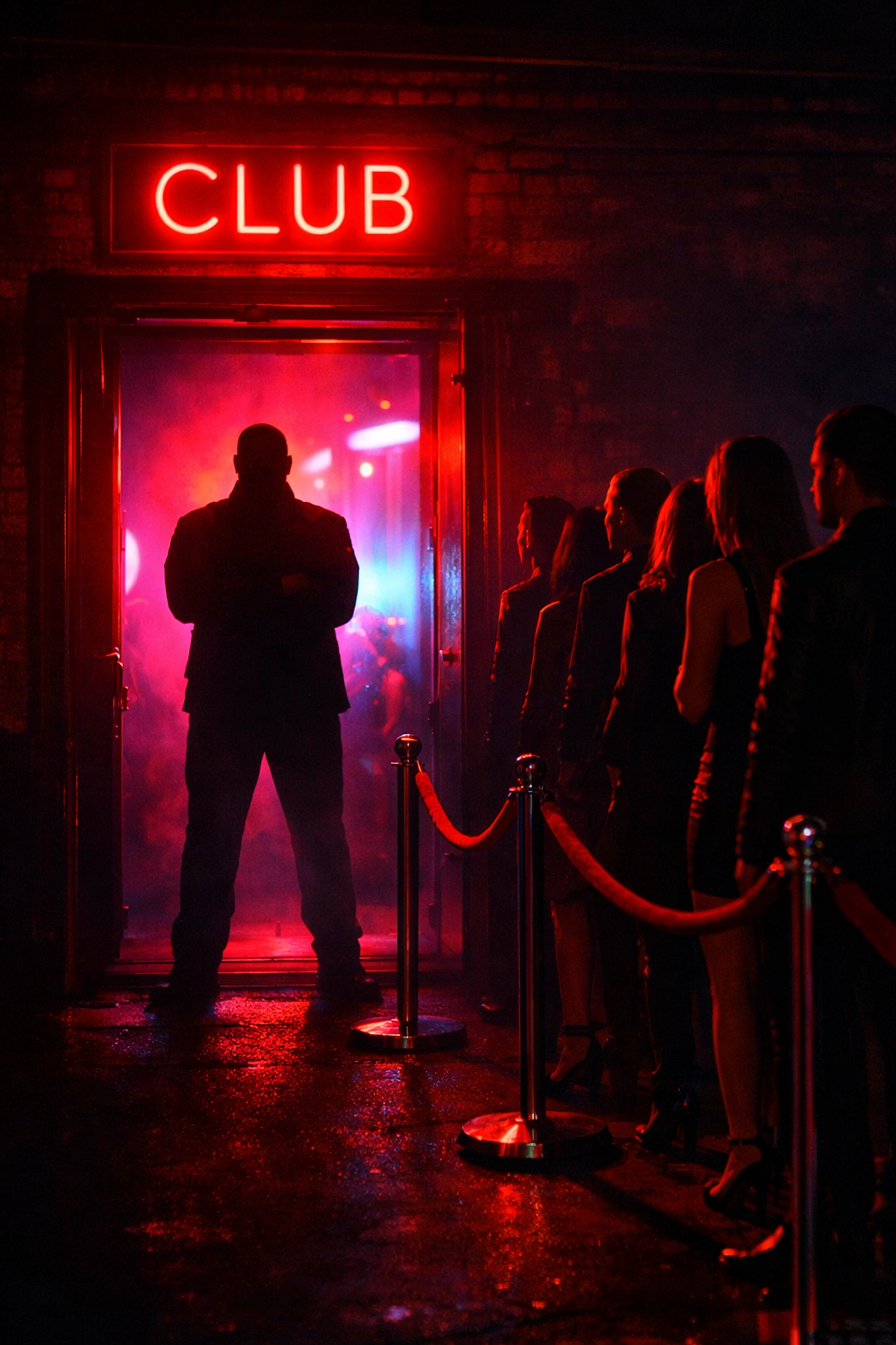 Berlin nightclub entrance with bouncer and queue of people waiting to get in