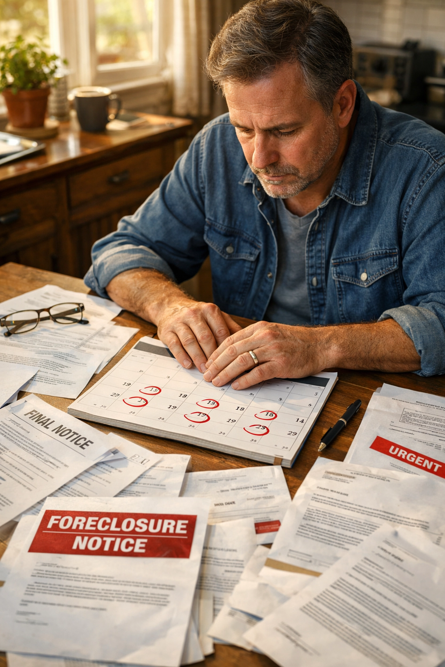 Homeowner reviewing foreclosure notices and documents on kitchen table in Georgia