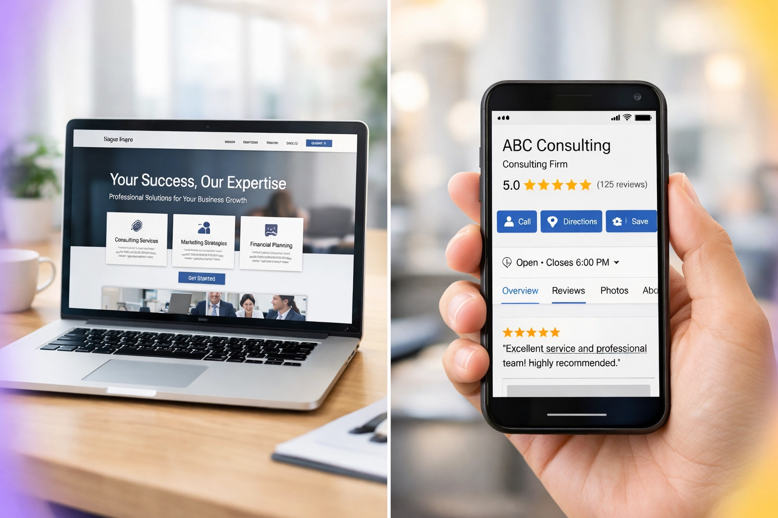 Service business website and Google Business Profile displayed side by side showing customer trust