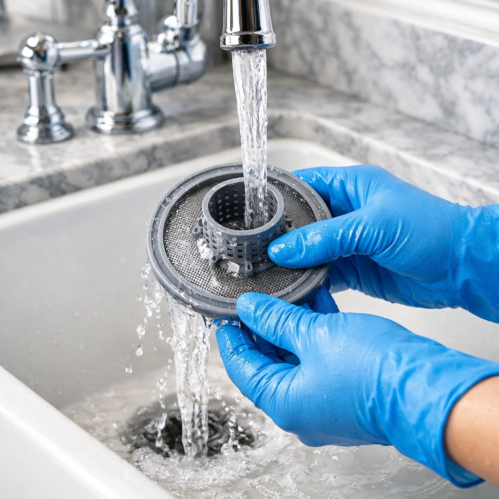 Hands cleaning a dishwasher filter under running water to remove food debris and odors.