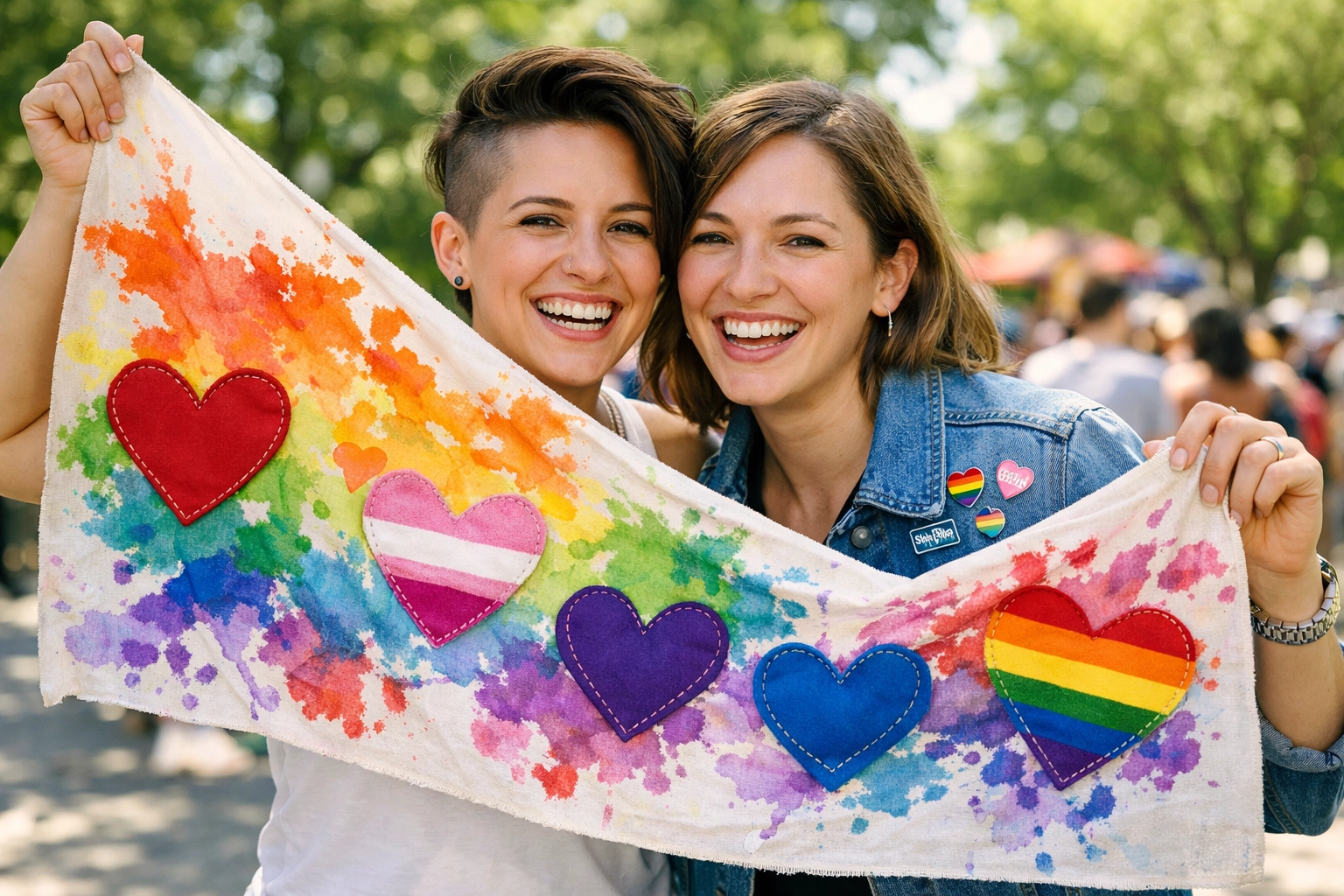 A lesbian couple holding a large hand-painted DIY pride banner in a sun-drenched park.