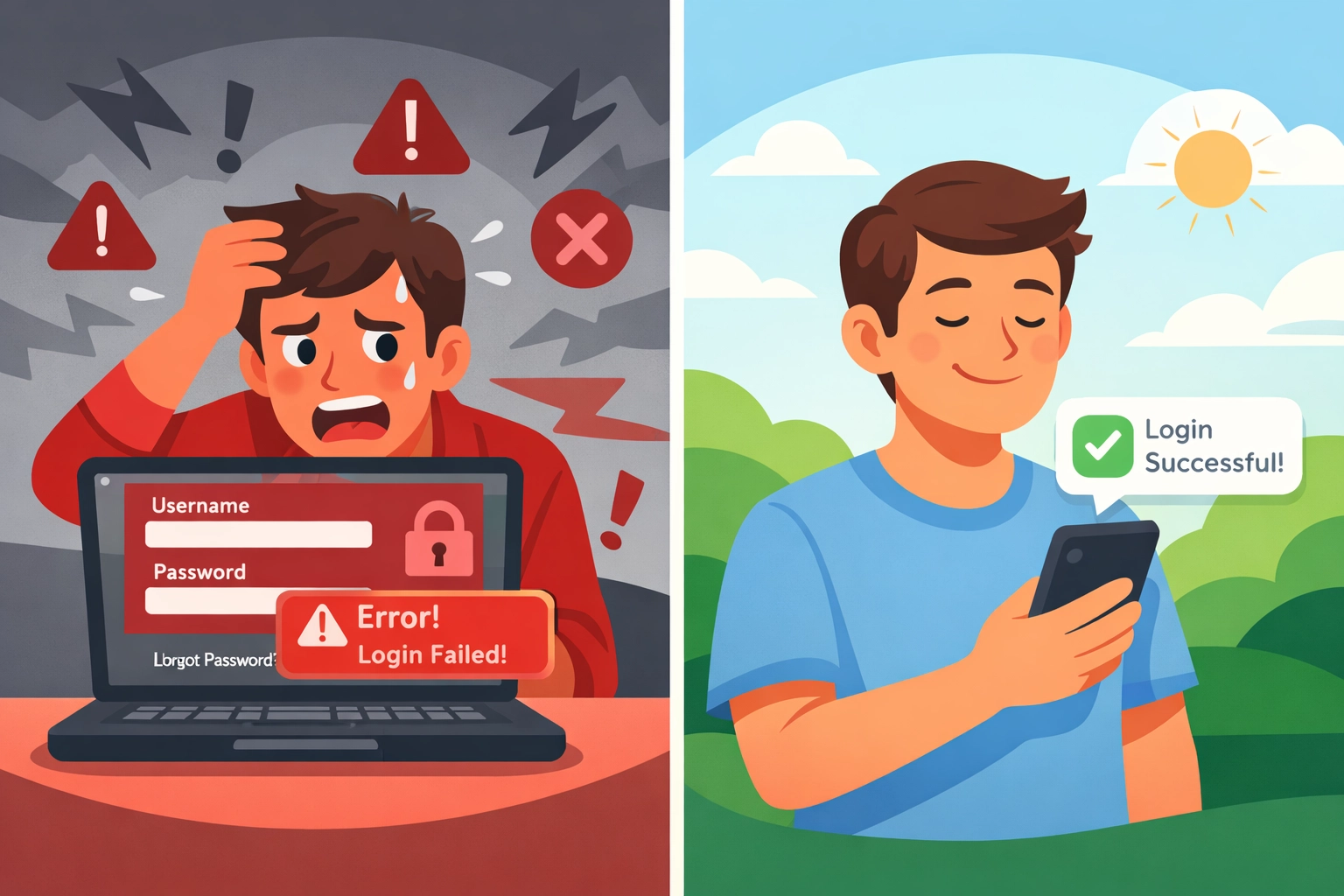 Comparison of stressful portal login experience versus easy no-portal document delivery on mobile