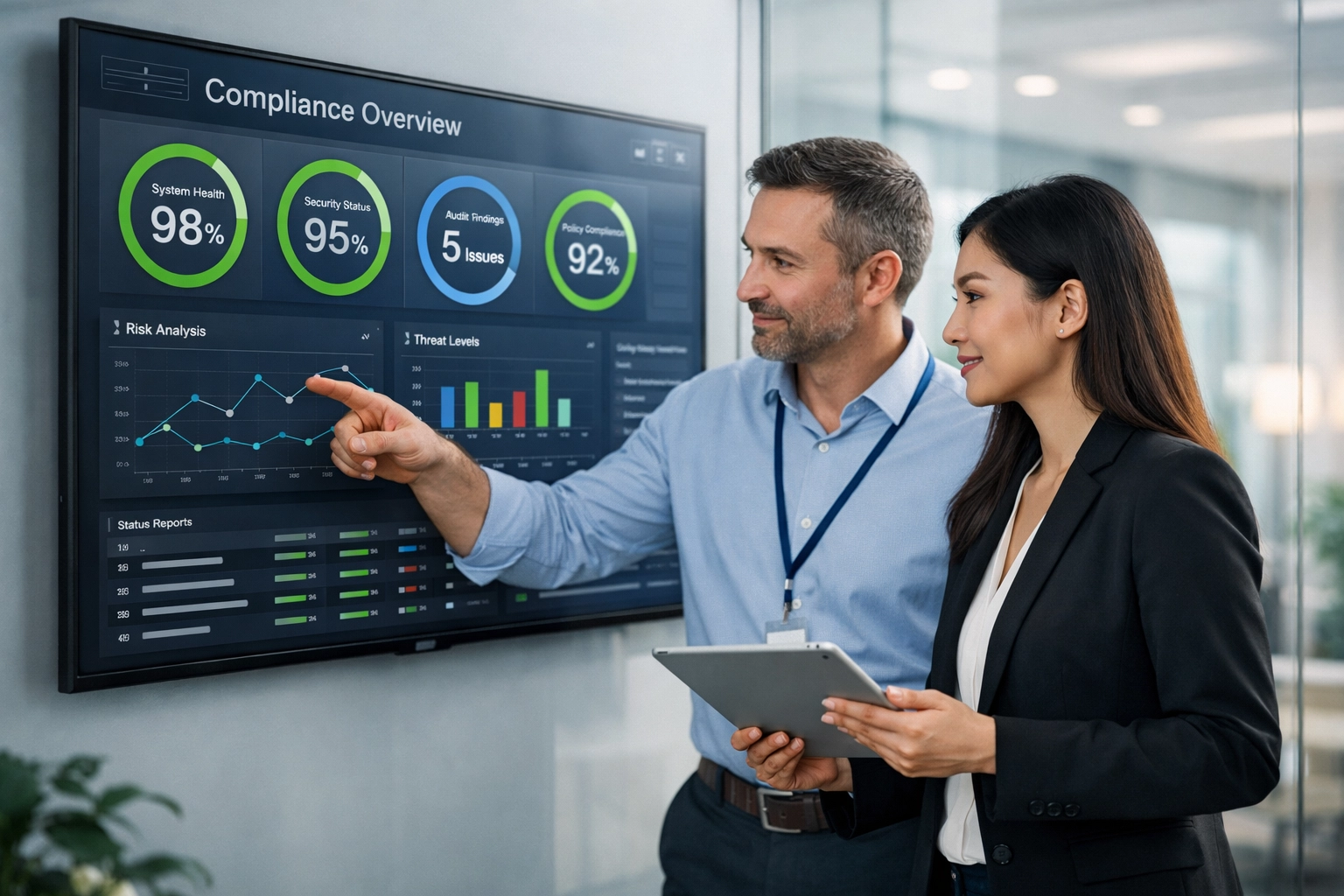 A ServiceNow implementation partner team reviewing a dashboard for ITOM and DORA compliance.