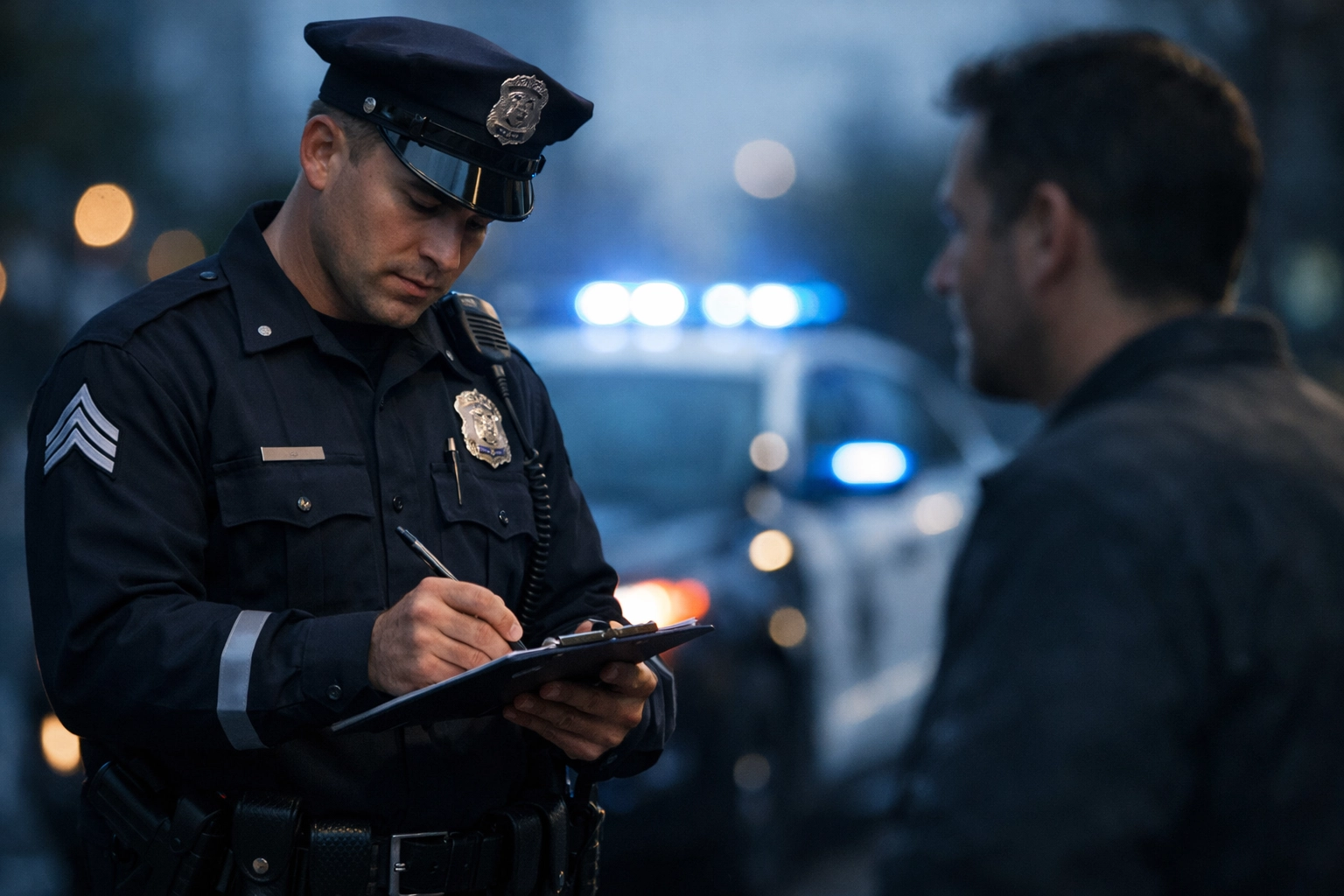 A Massachusetts police officer records details on a clipboard at the scene of a motor vehicle crash.