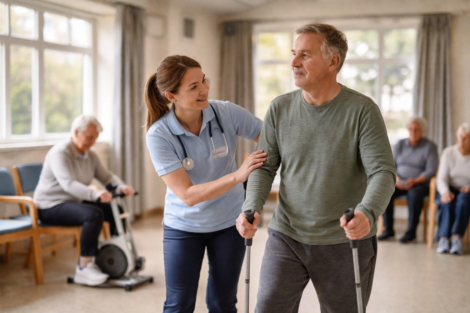 Physiotherapist supporting patient during pulmonary rehabilitation in UK community care setting