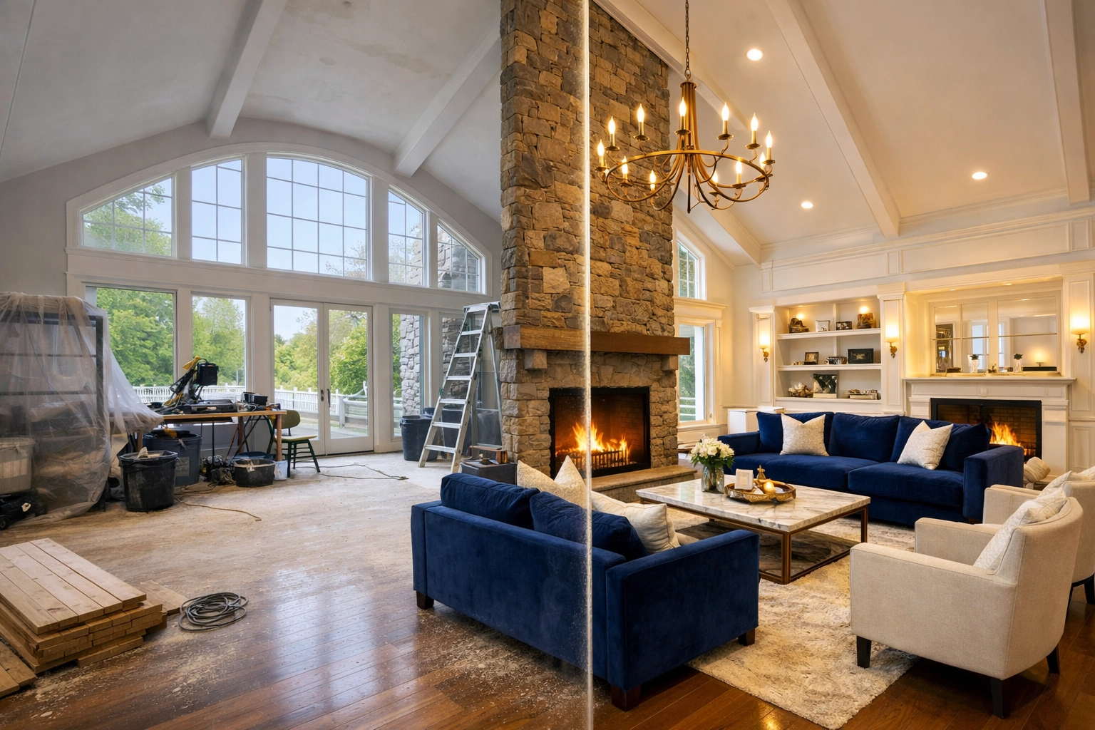 Luxury Massachusetts living room showing a professional post-construction cleaning transition to a dust-free finish.
